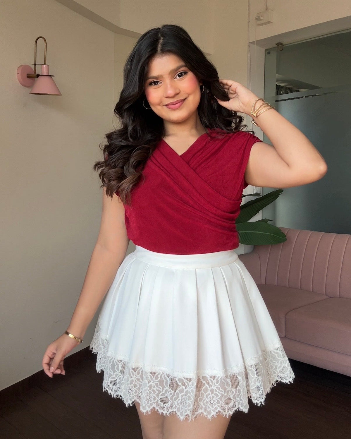 Pleated Flared Lace Detailing Mini Skirt