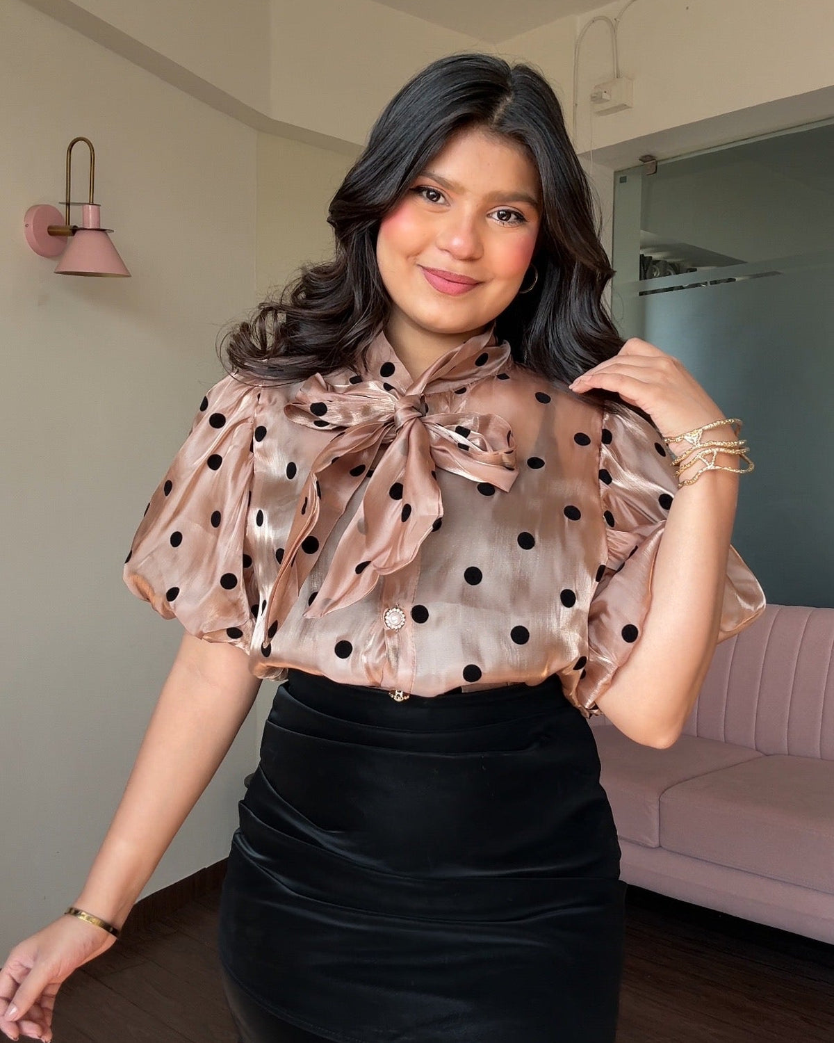 Polka Dot Puff Sleeve Organza Top With Inner