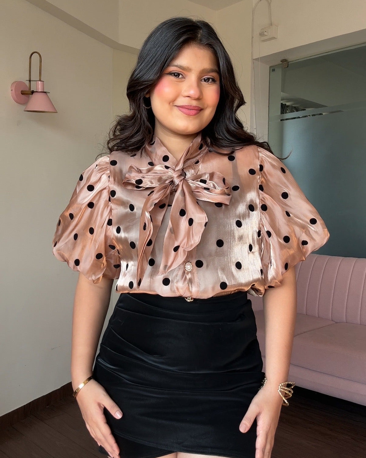 Polka Dot Puff Sleeve Organza Top With Inner