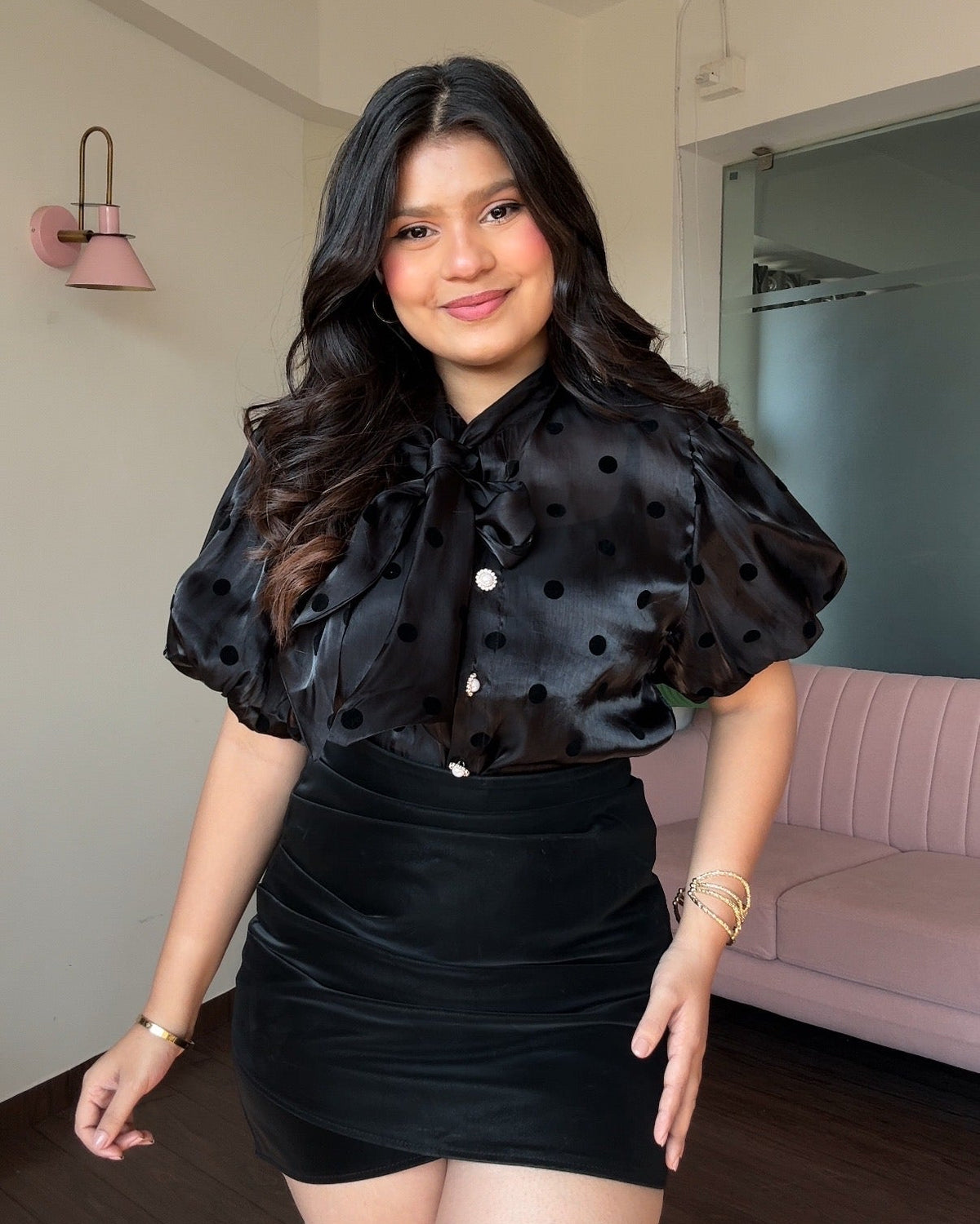 Polka Dot Puff Sleeve Organza Top With Inner