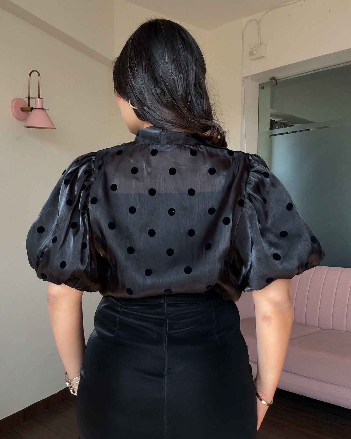 Polka Dot Puff Sleeve Organza Top With Inner
