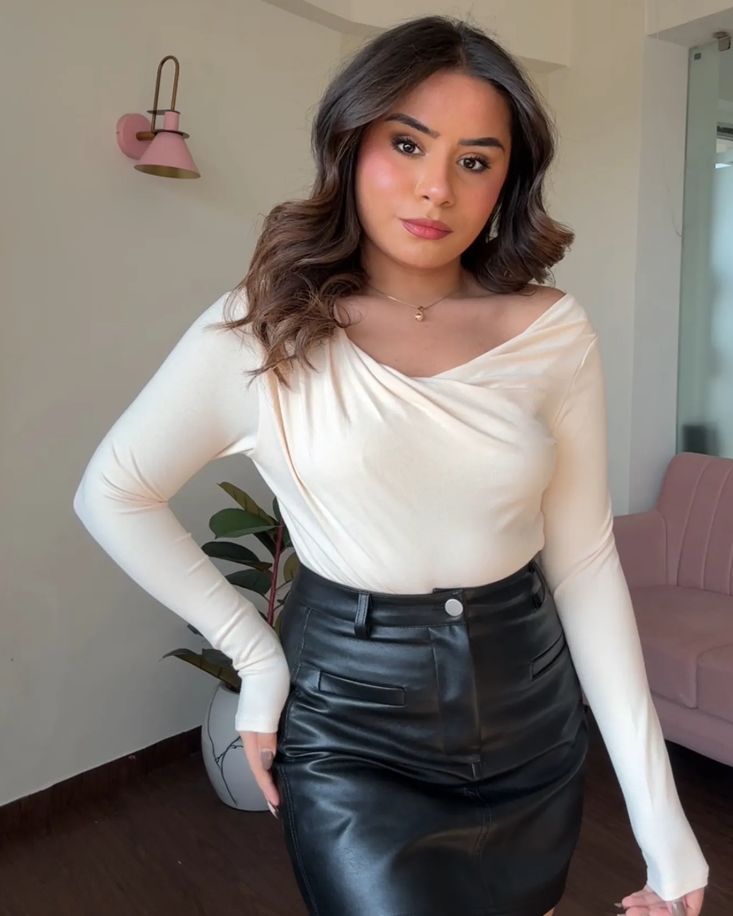 Cowl Neck Draped Fitted Top