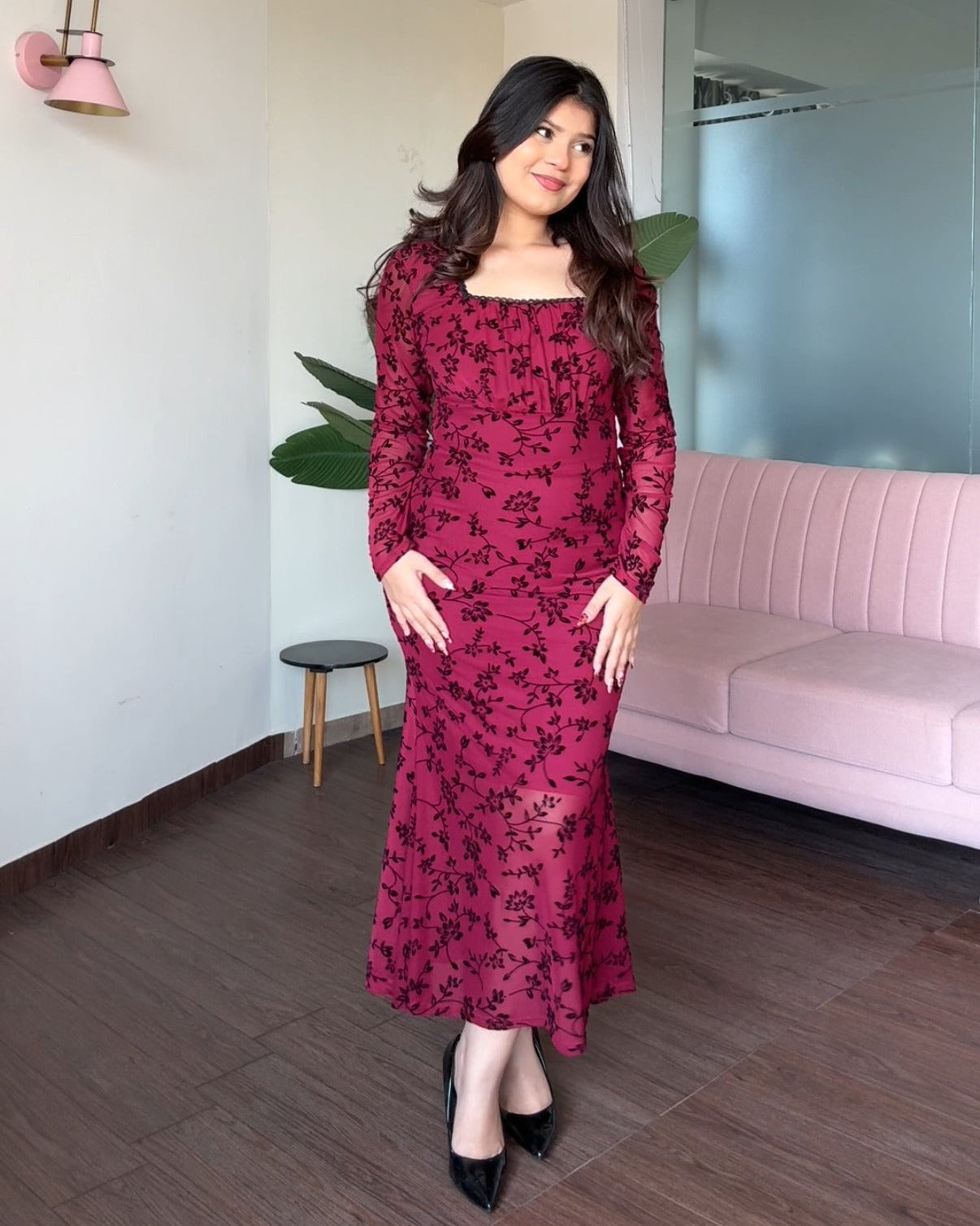 Contrast Detailing Dual Tone Ruched Square Neck Flared Dress