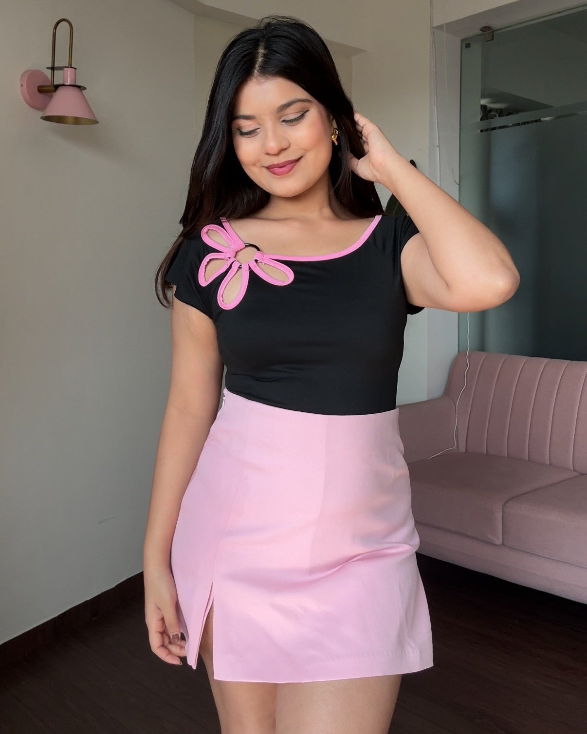 Flower Cutout Boat Neck Fitted Top