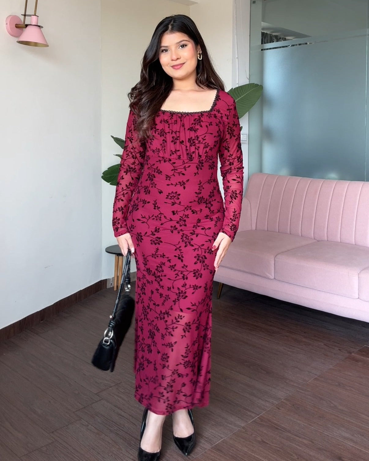 Contrast Detailing Dual Tone Ruched Square Neck Flared Dress