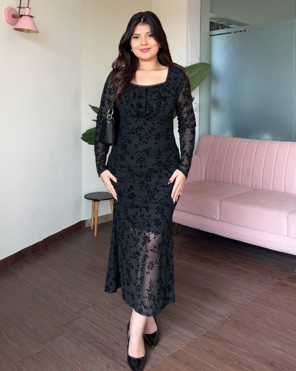 Contrast Detailing Dual Tone Ruched Square Neck Flared Dress