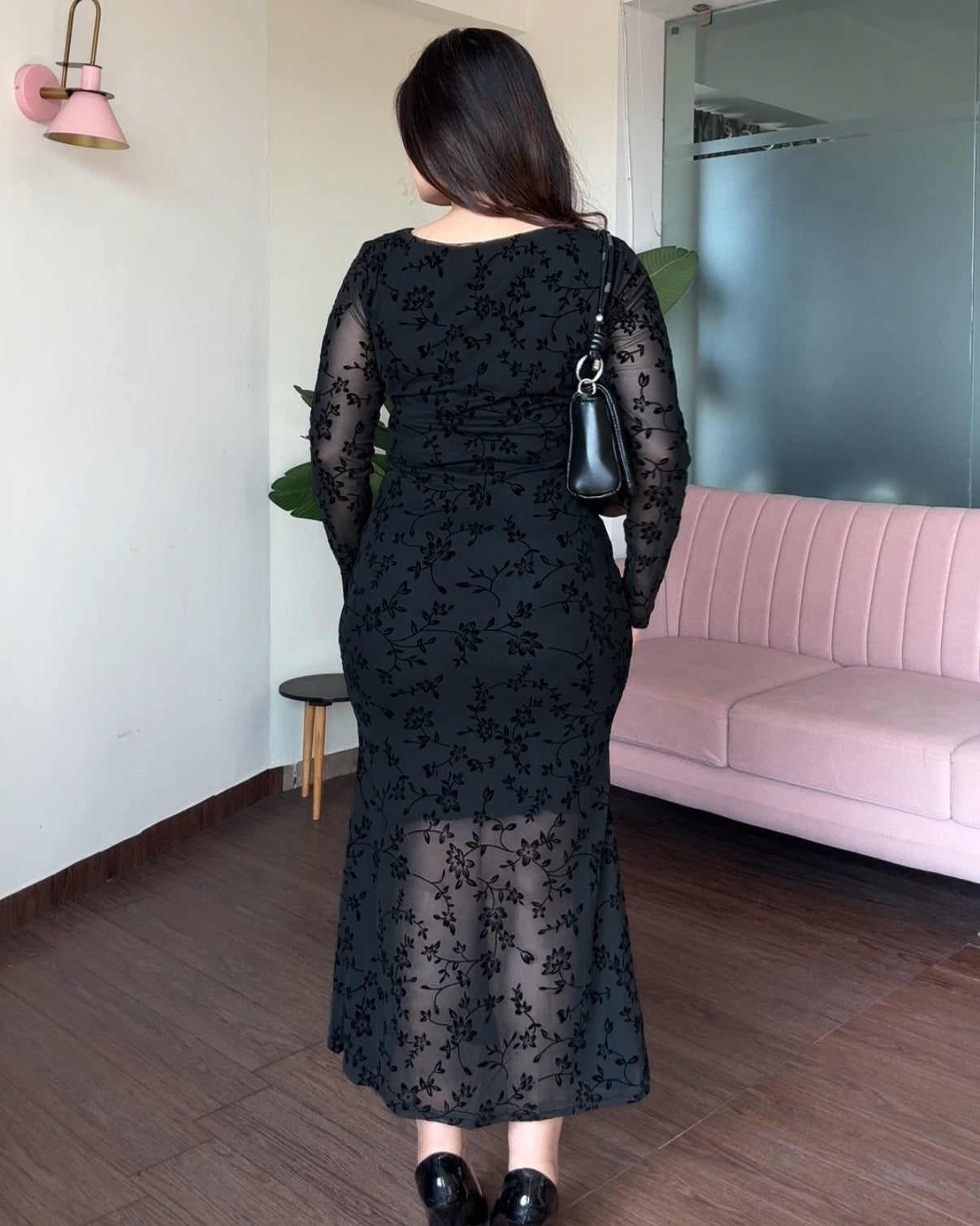 Contrast Detailing Dual Tone Ruched Square Neck Flared Dress