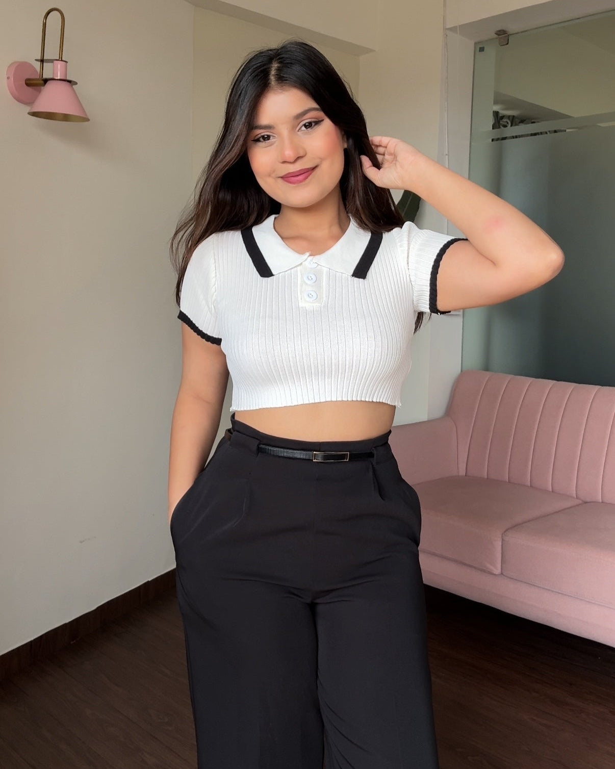 Contrast Polo Button-Up Ribbed Knitted Top