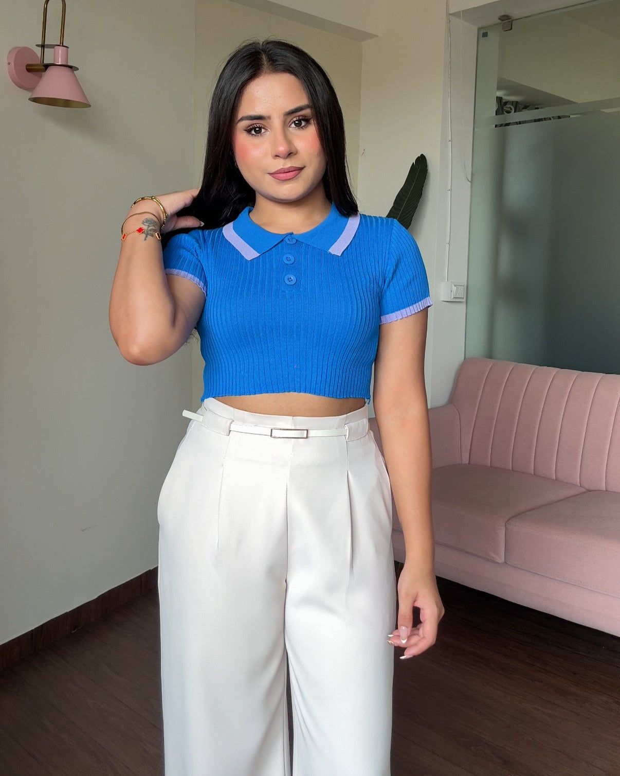 Contrast Polo Button-Up Ribbed Knitted Top