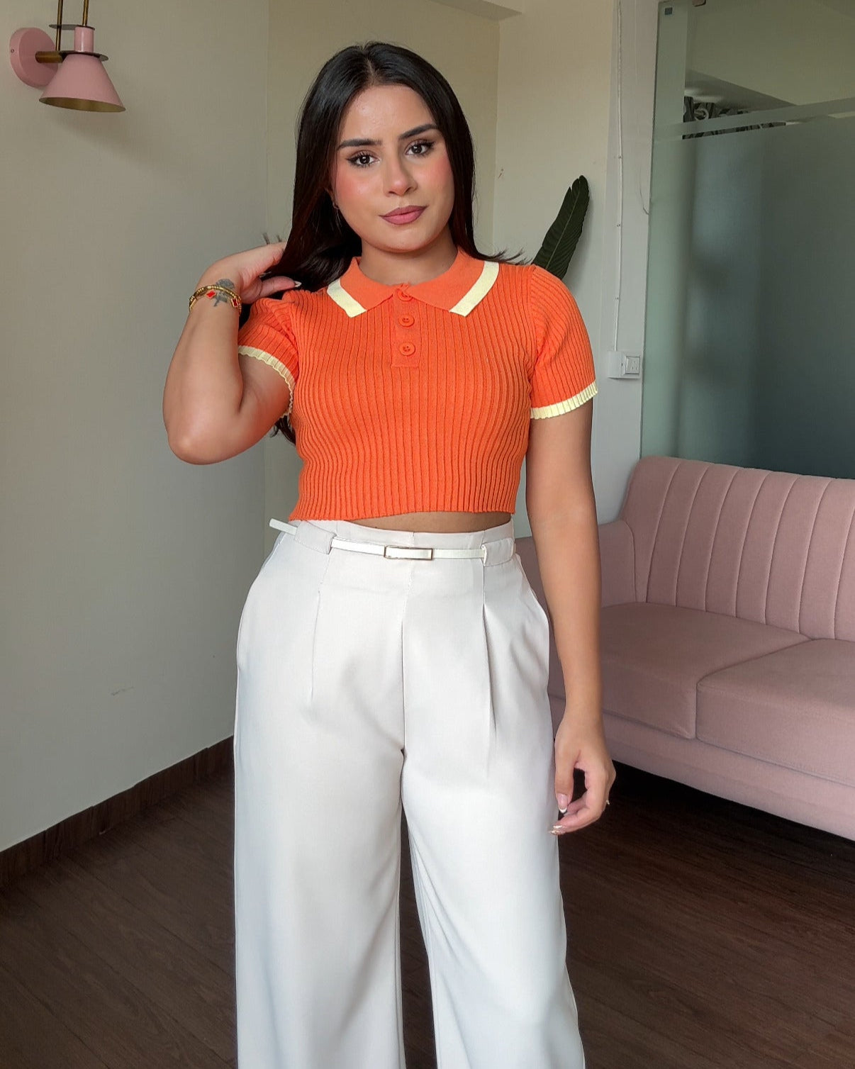 Contrast Polo Button-Up Ribbed Knitted Top