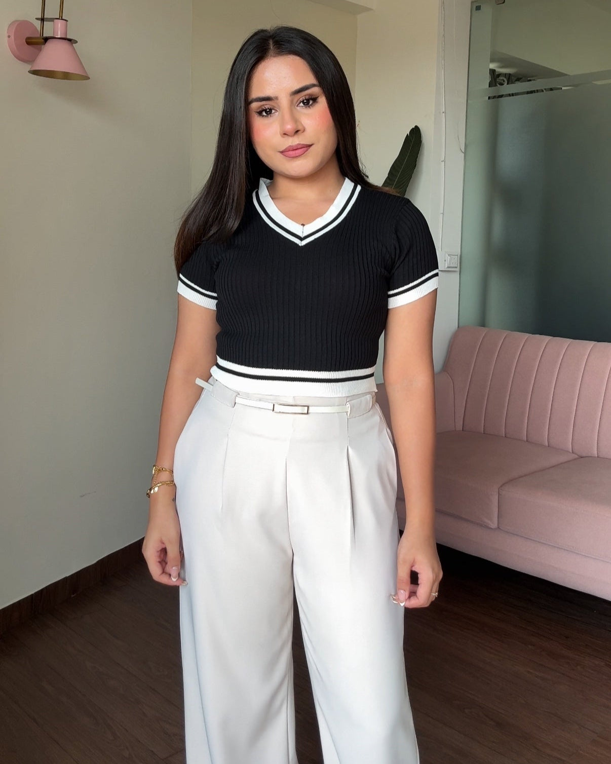 Contrast V Neck Ribbed Fitted Top