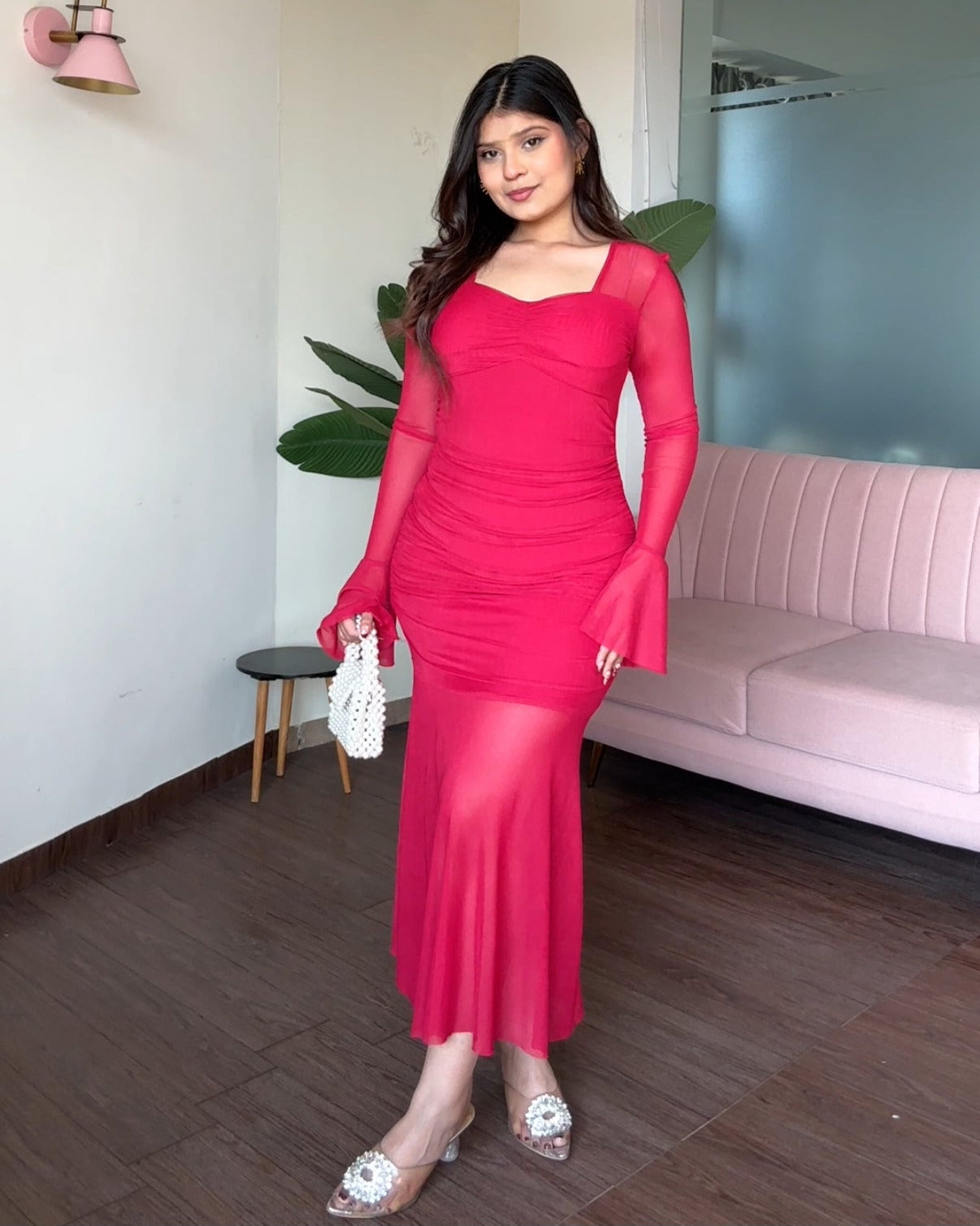 Ruched Neckline Mesh Detailing Fit And Flared Dress