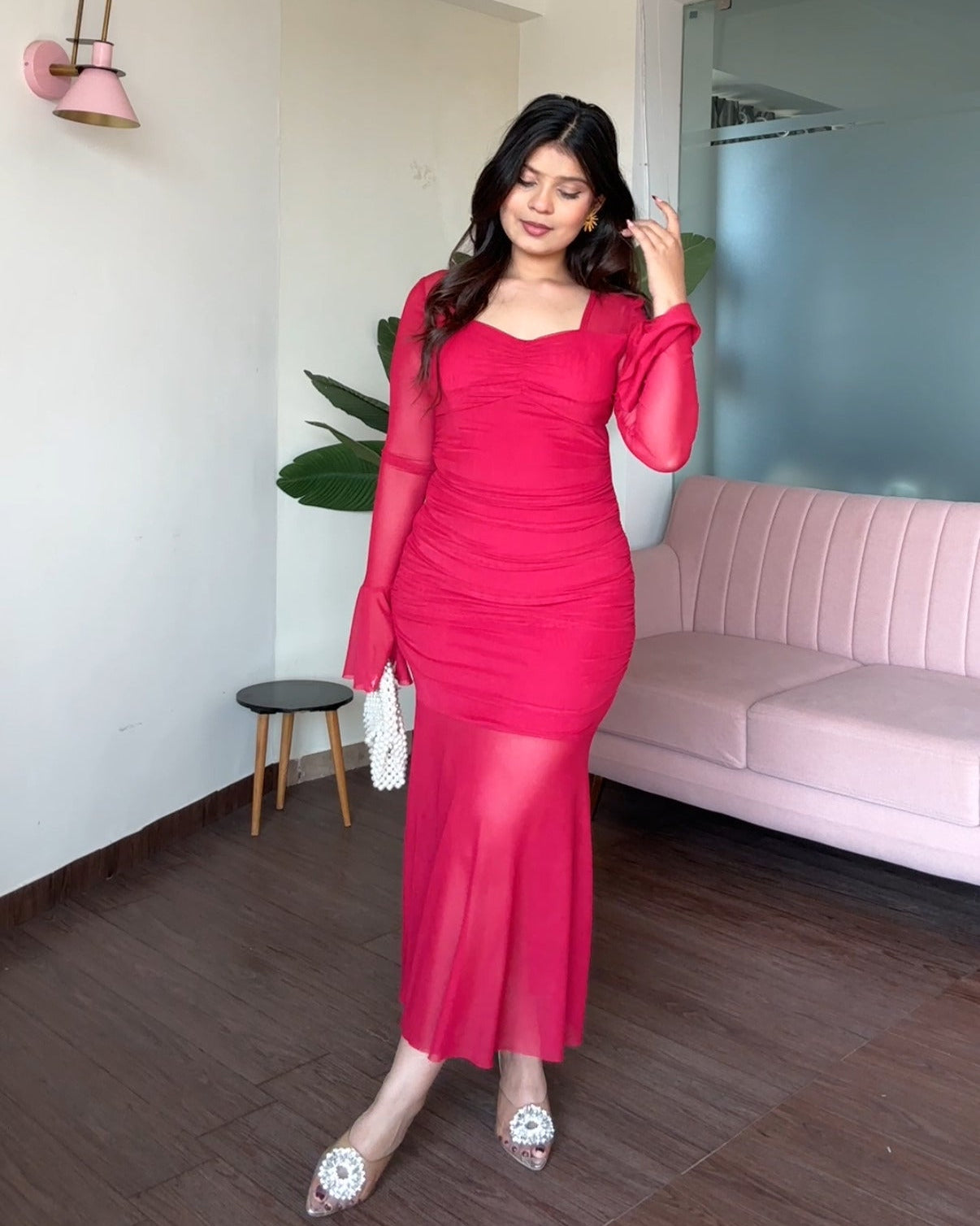 Ruched Neckline Mesh Detailing Fit And Flared Dress