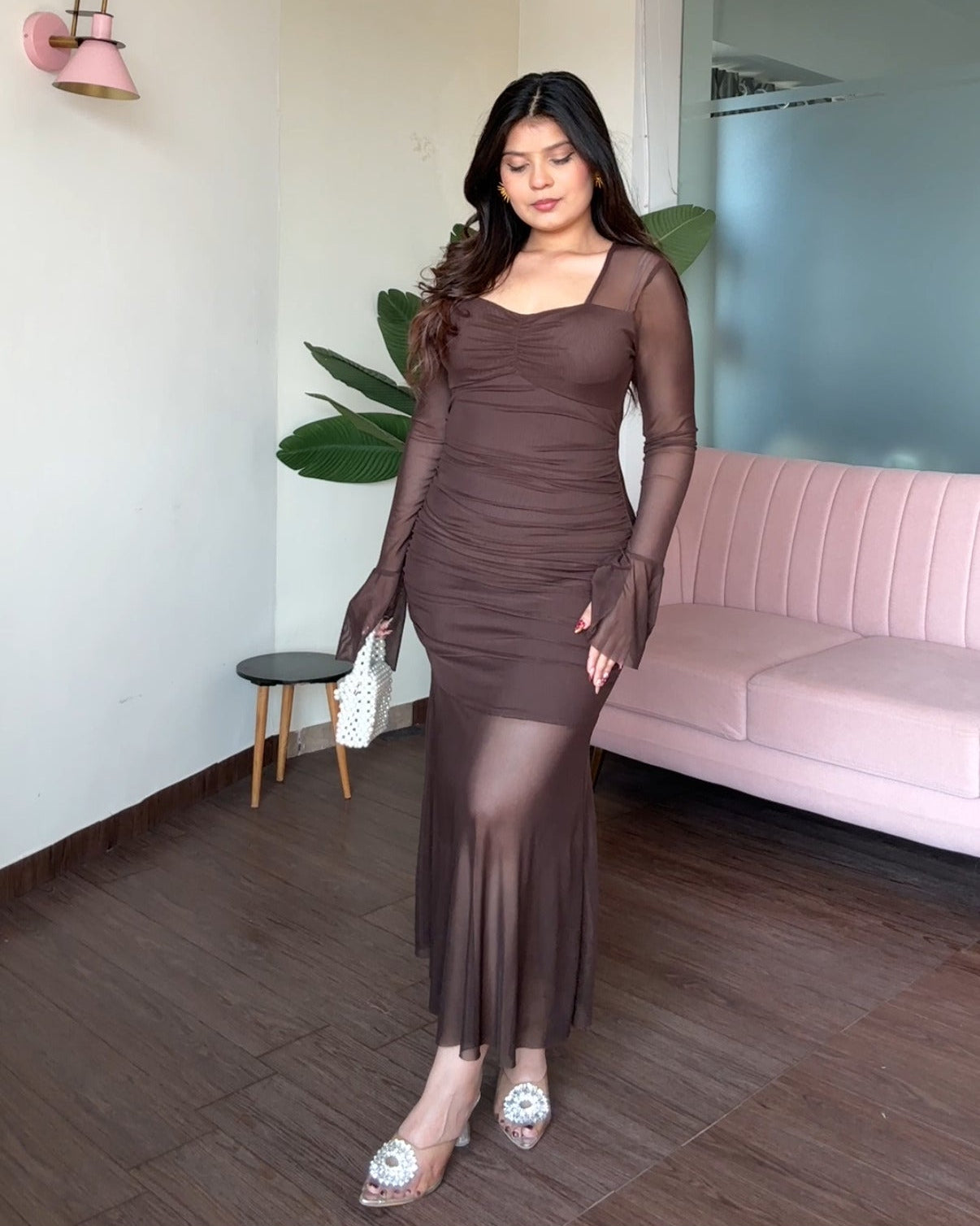 Ruched Neckline Mesh Detailing Fit And Flared Dress