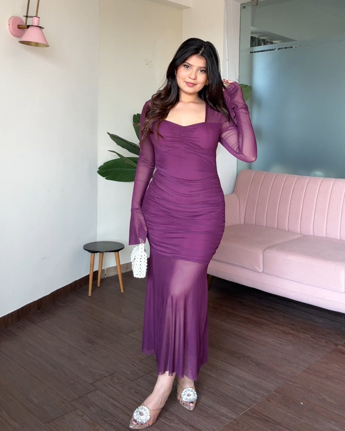 Ruched Neckline Mesh Detailing Fit And Flared Dress