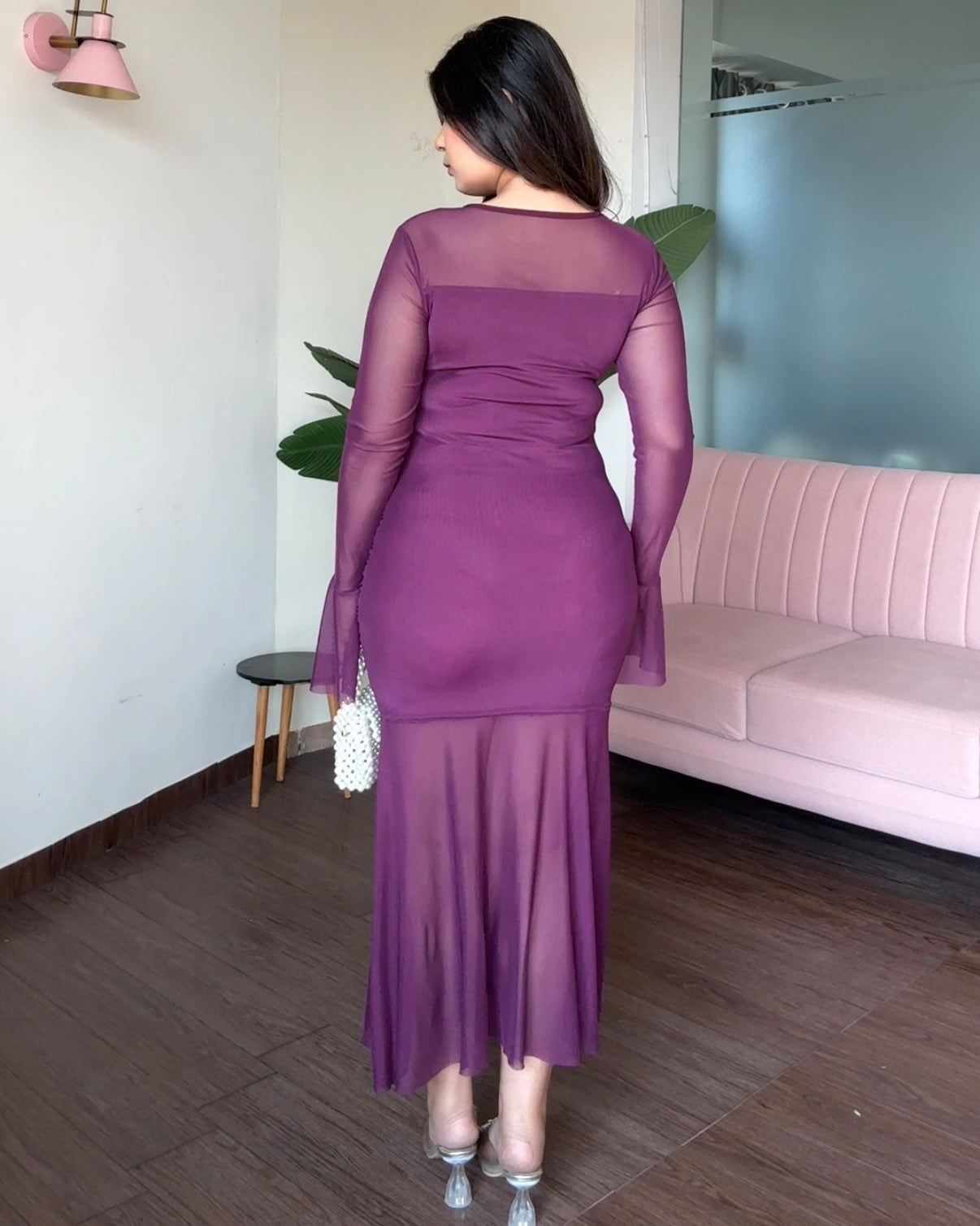 Ruched Neckline Mesh Detailing Fit And Flared Dress