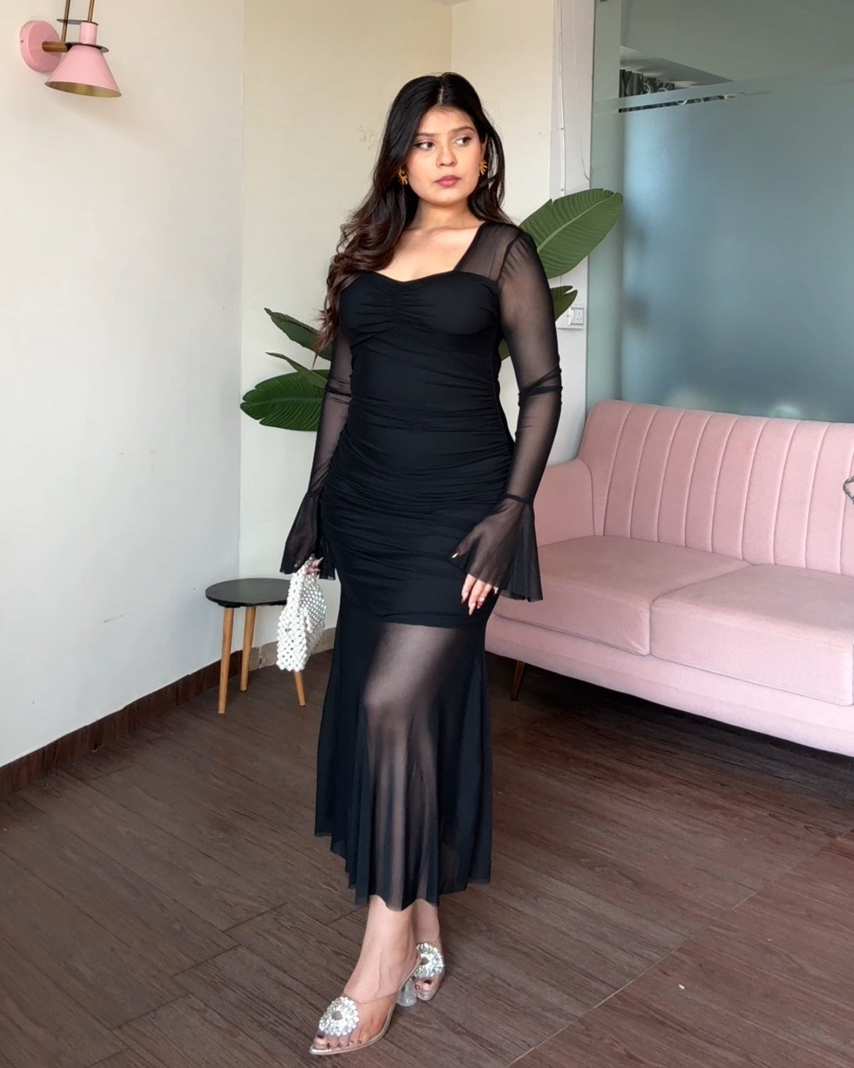 Ruched Neckline Mesh Detailing Fit And Flared Dress