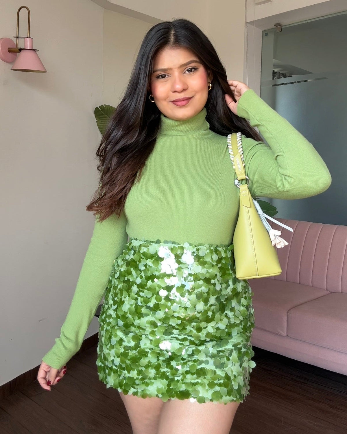 Chunky Sequin Mini Skirt & Turtleneck Top