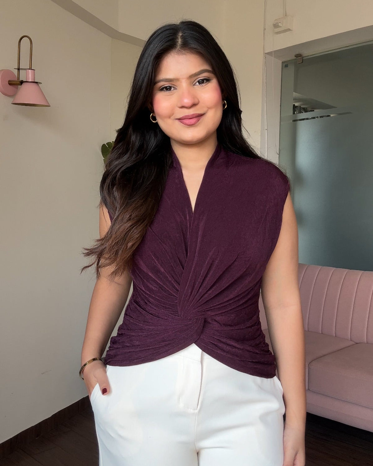 Cut Sleeve Knot Detailing Ruched Top