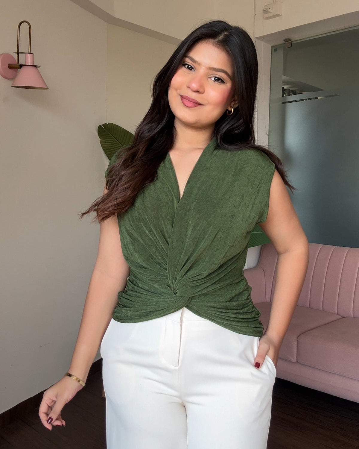 Cut Sleeve Knot Detailing Ruched Top