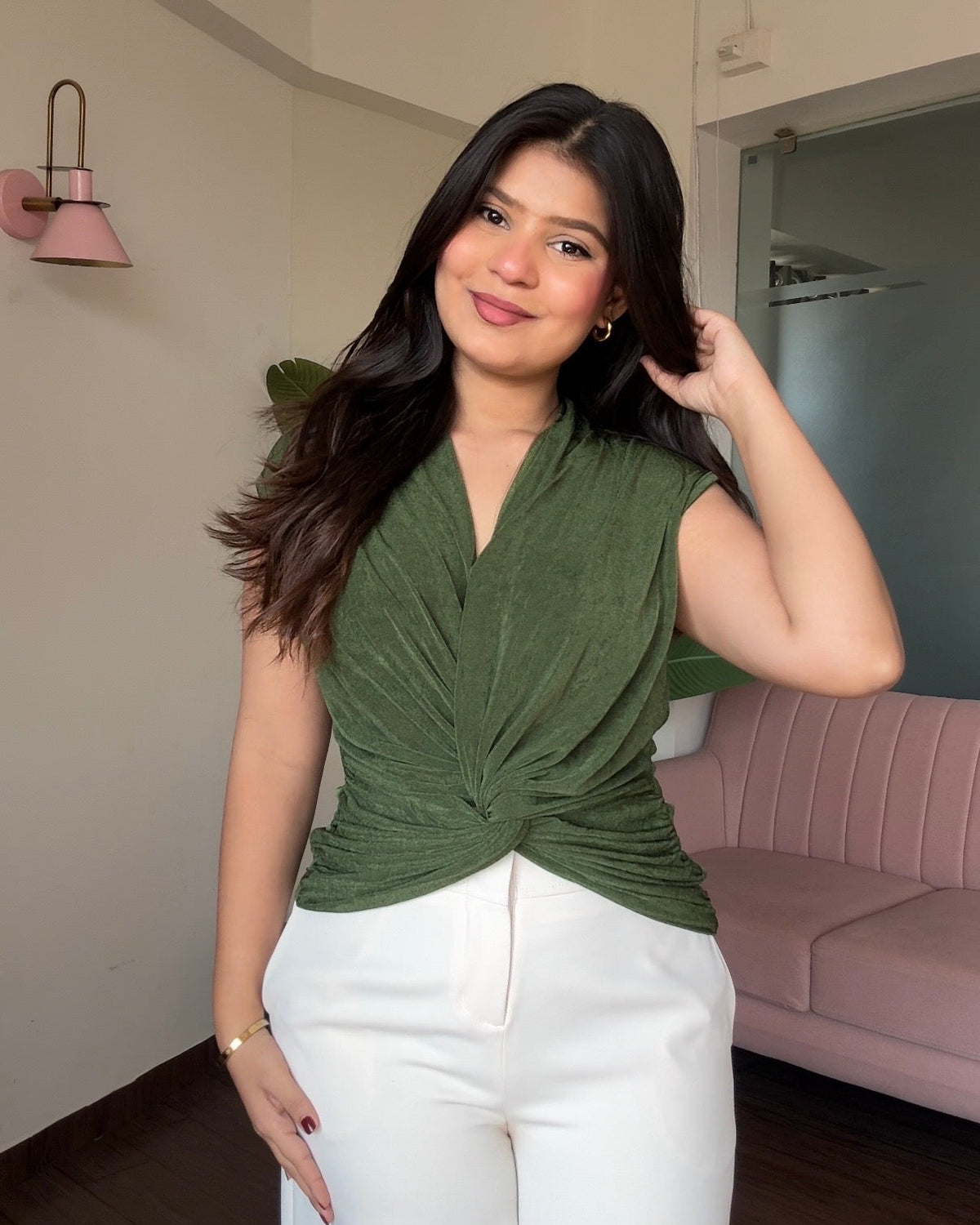 Cut Sleeve Knot Detailing Ruched Top