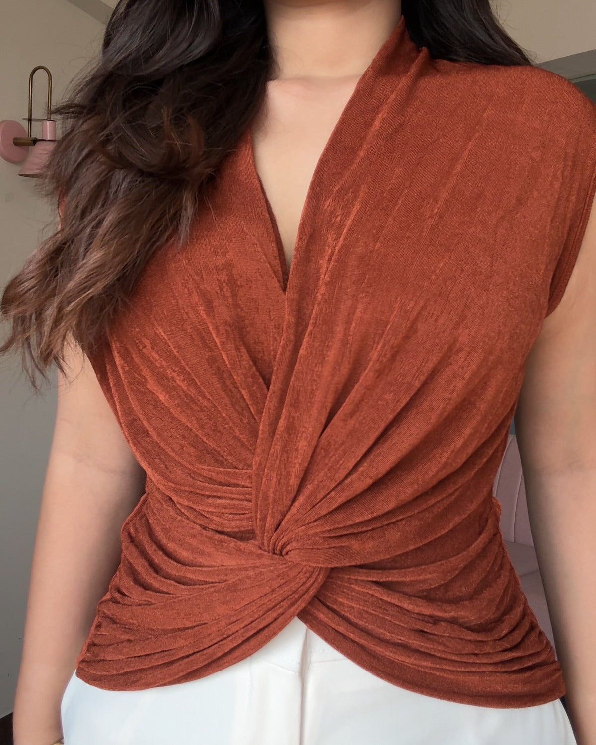 Cut Sleeve Knot Detailing Ruched Top