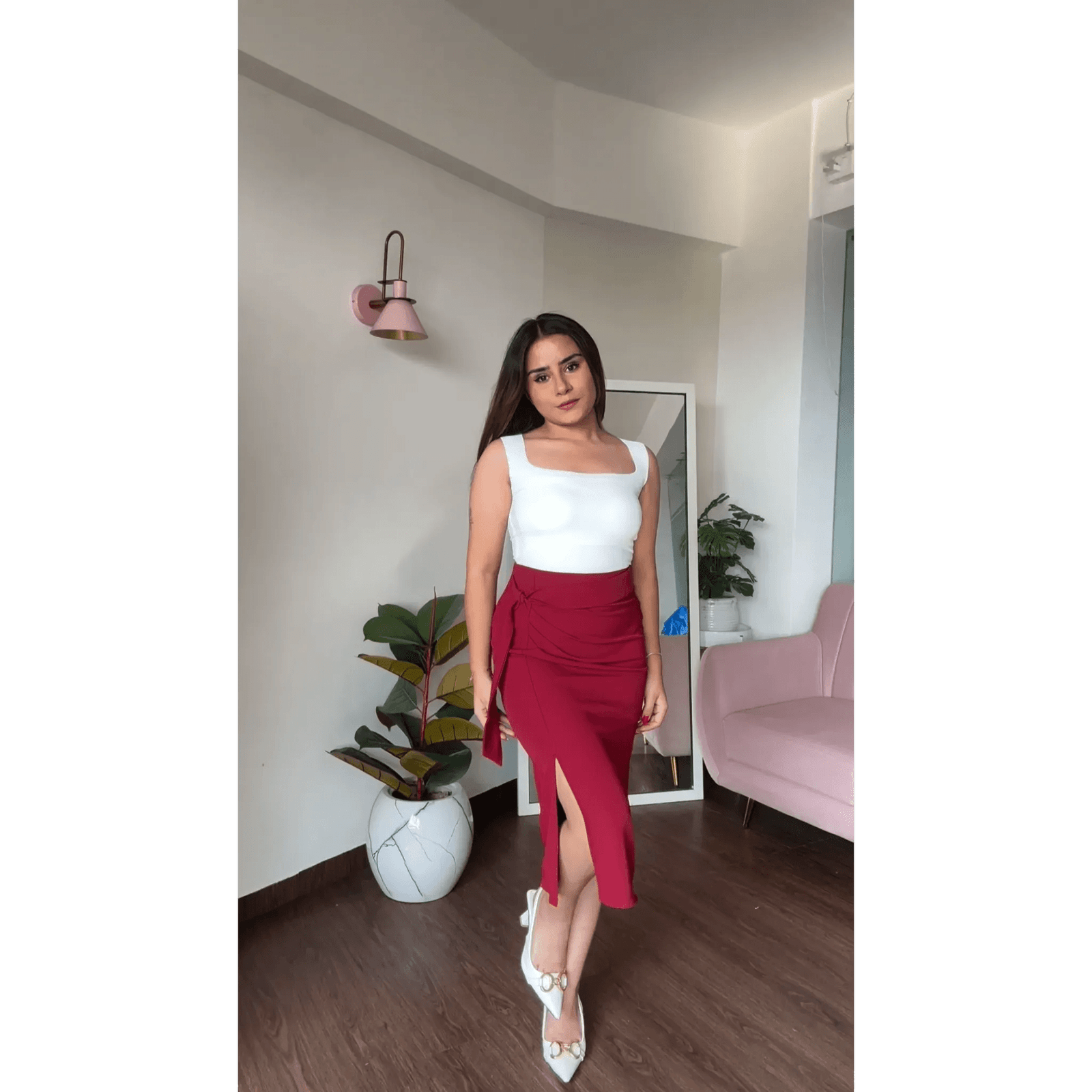 Wine Red Knot Midi Skirt With Slit