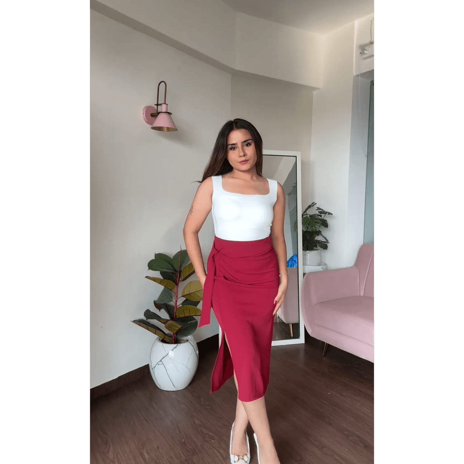 Wine Red Knot Midi Skirt With Slit