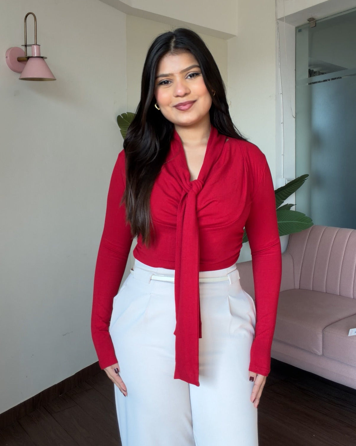 Full Sleeve Tie Up Cowl Neck Top