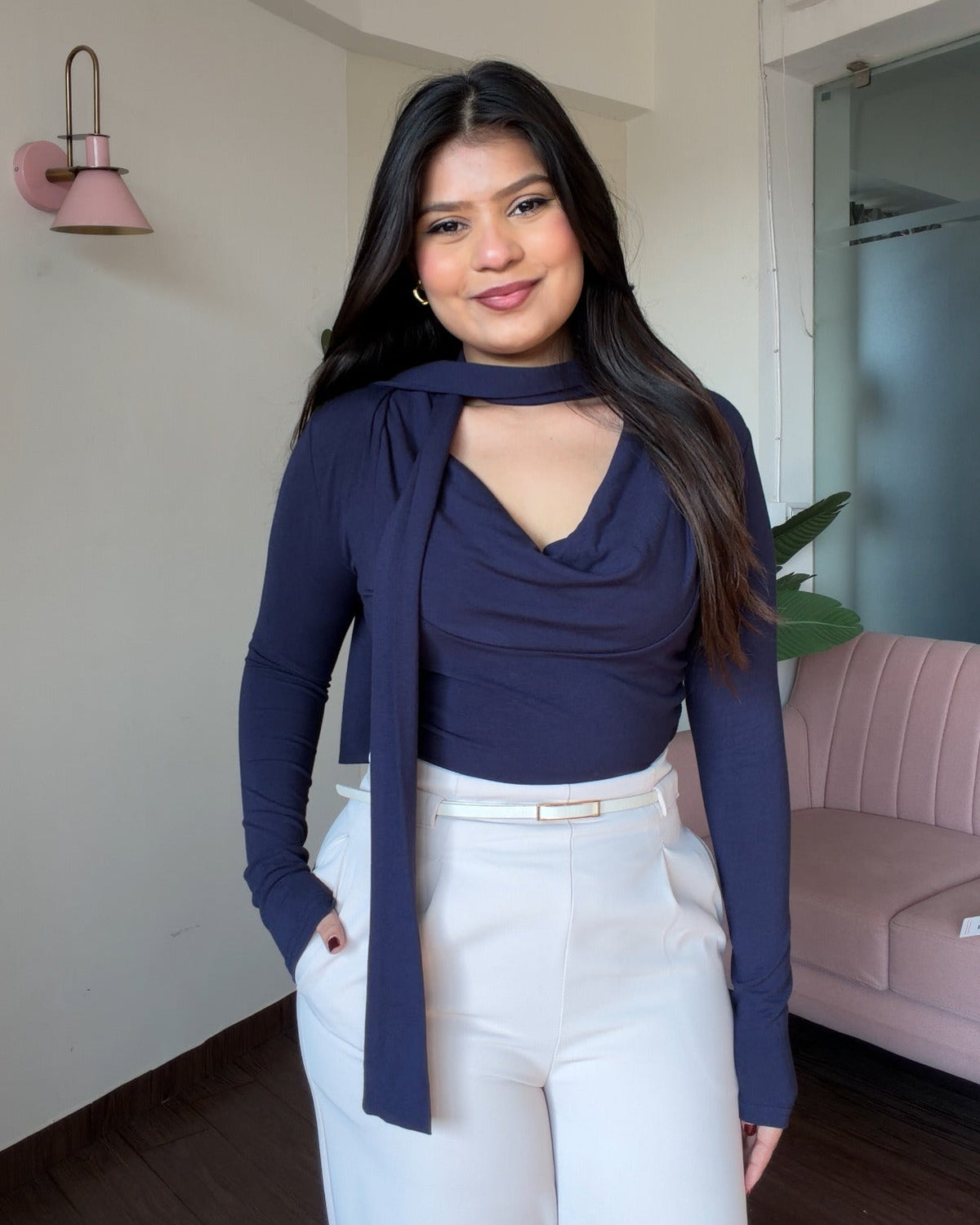 Full Sleeve Tie Up Cowl Neck Top