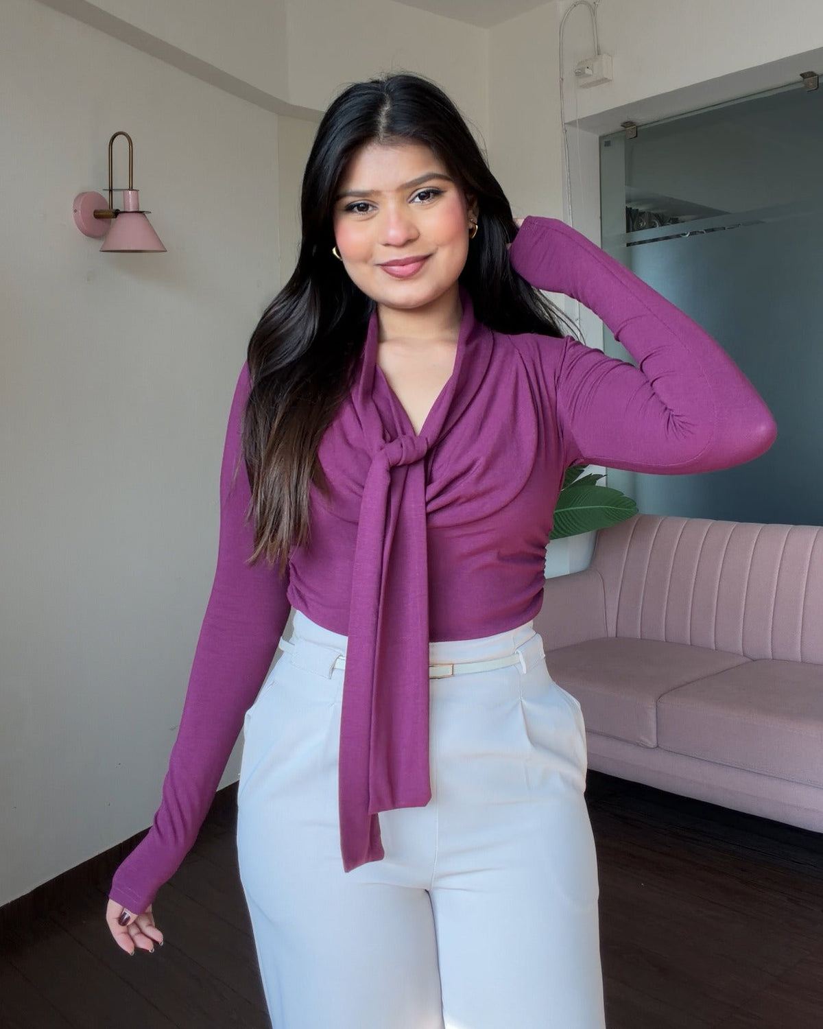Full Sleeve Tie Up Cowl Neck Top