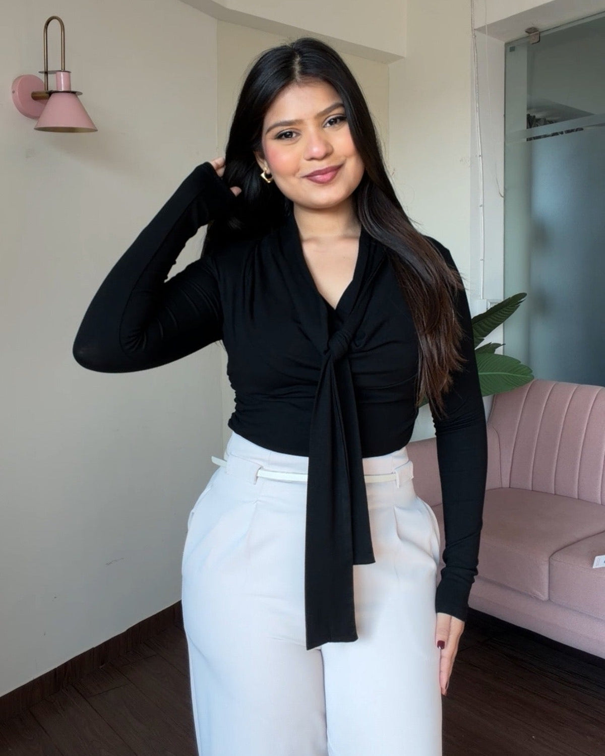 Full Sleeve Tie Up Cowl Neck Top