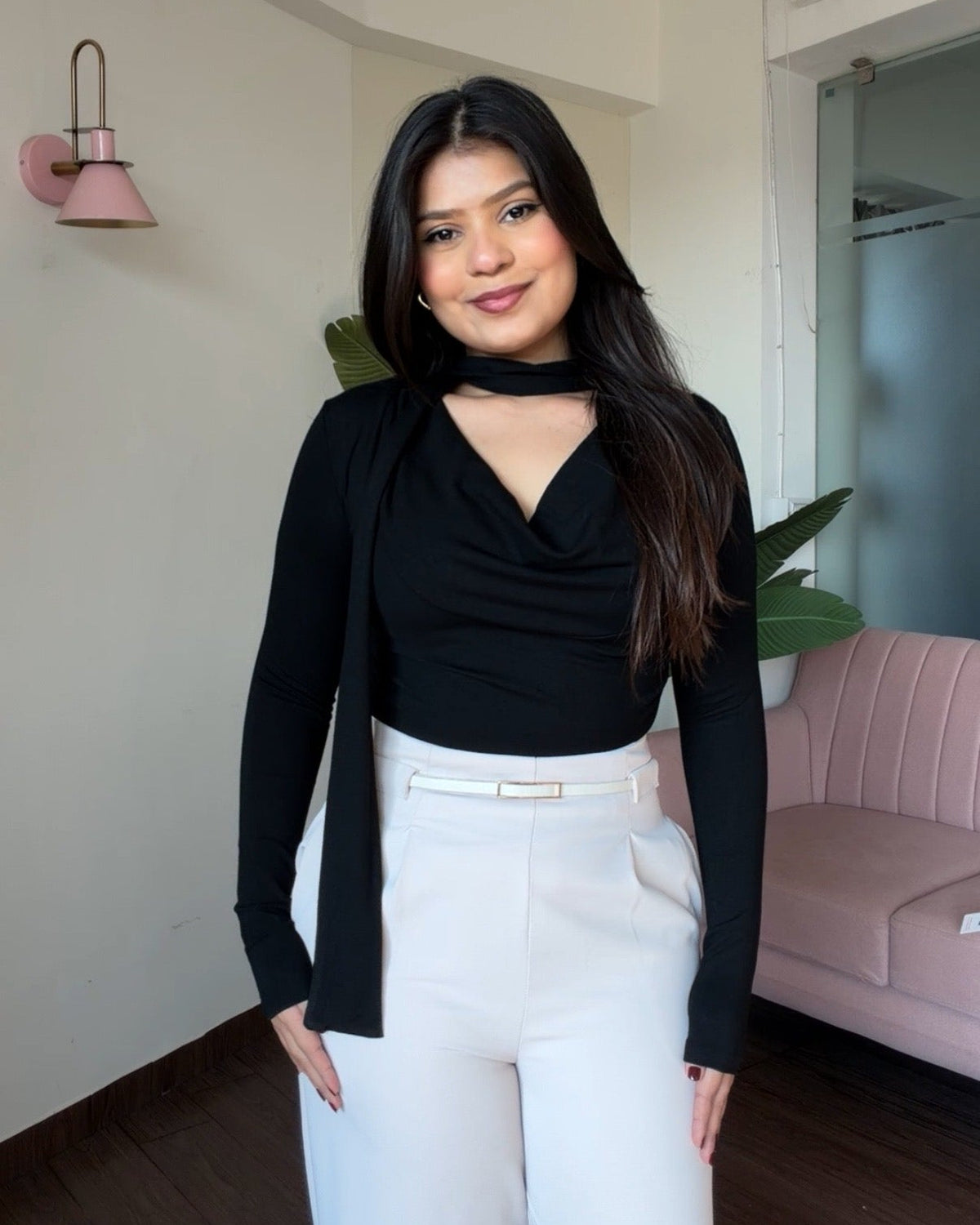Full Sleeve Tie Up Cowl Neck Top