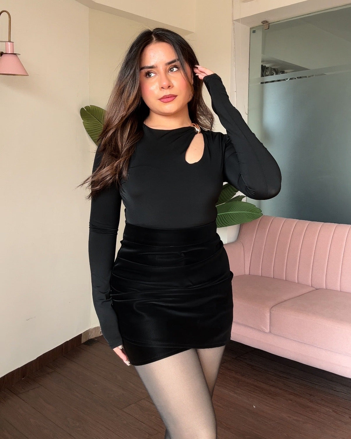 Full Sleeve Golden Buckle Cut Out Detailing Bodysuit