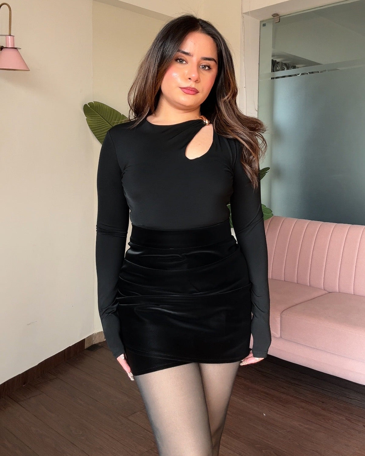 Full Sleeve Golden Buckle Cut Out Detailing Bodysuit