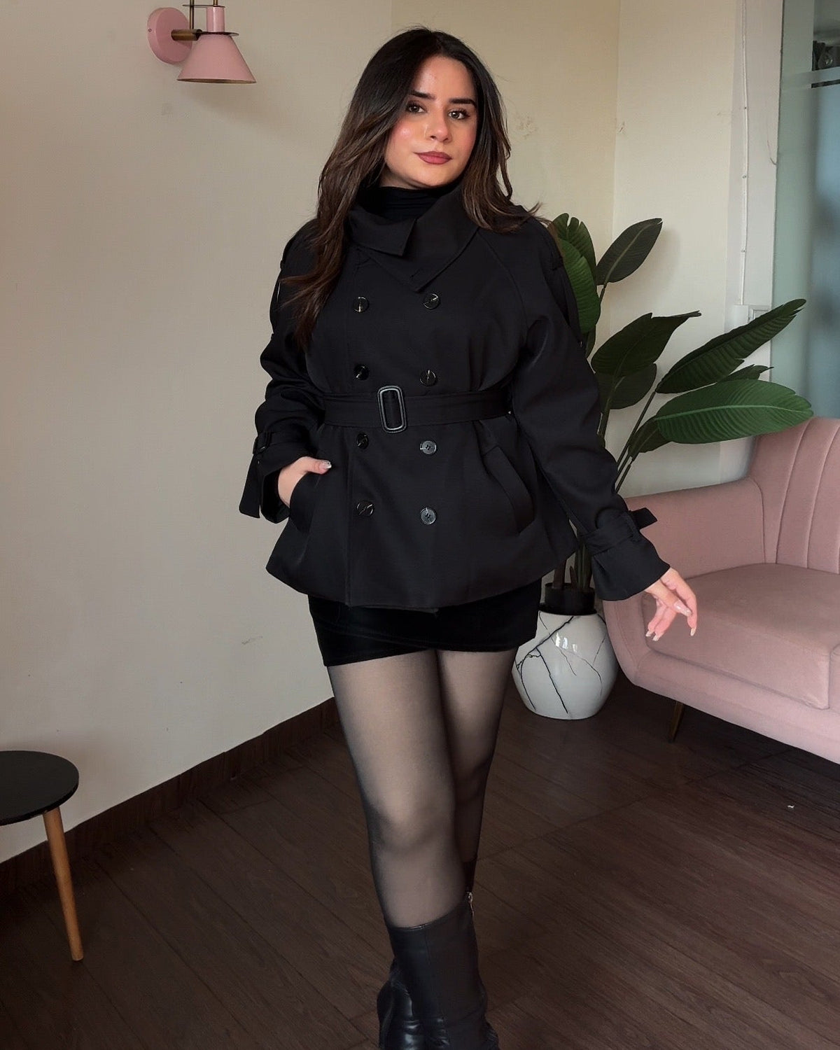 High Neck Detailing Classic Mini Trench Coat