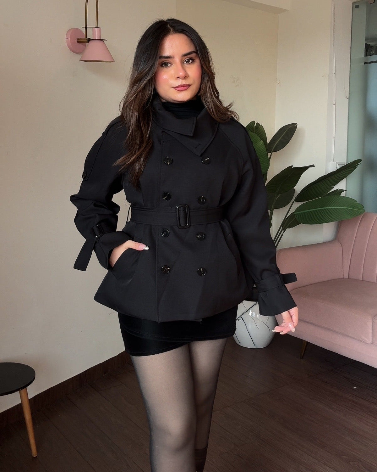 High Neck Detailing Classic Mini Trench Coat