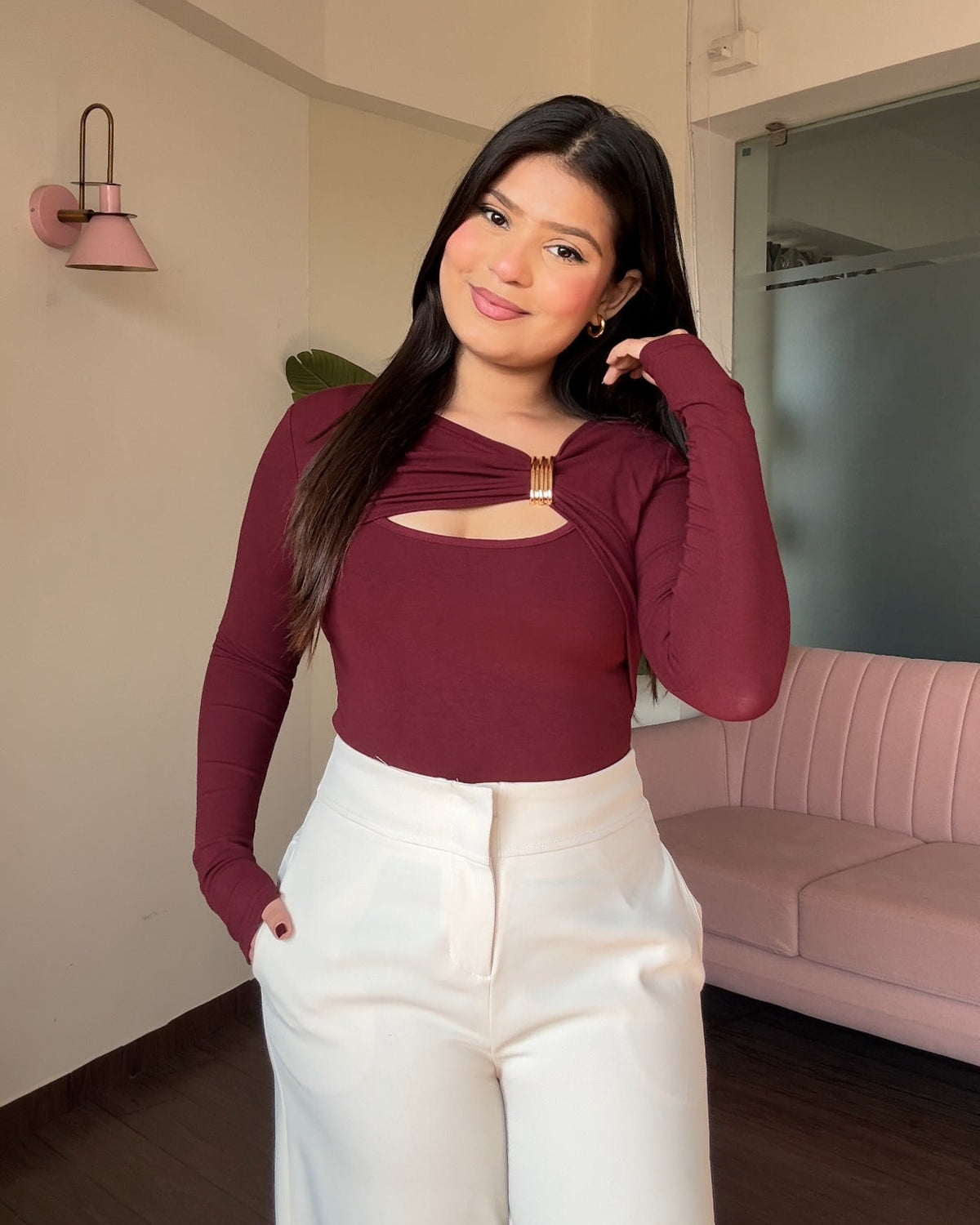 Neck Cut Out Golden Buckle Bodycon Full Sleeves Top