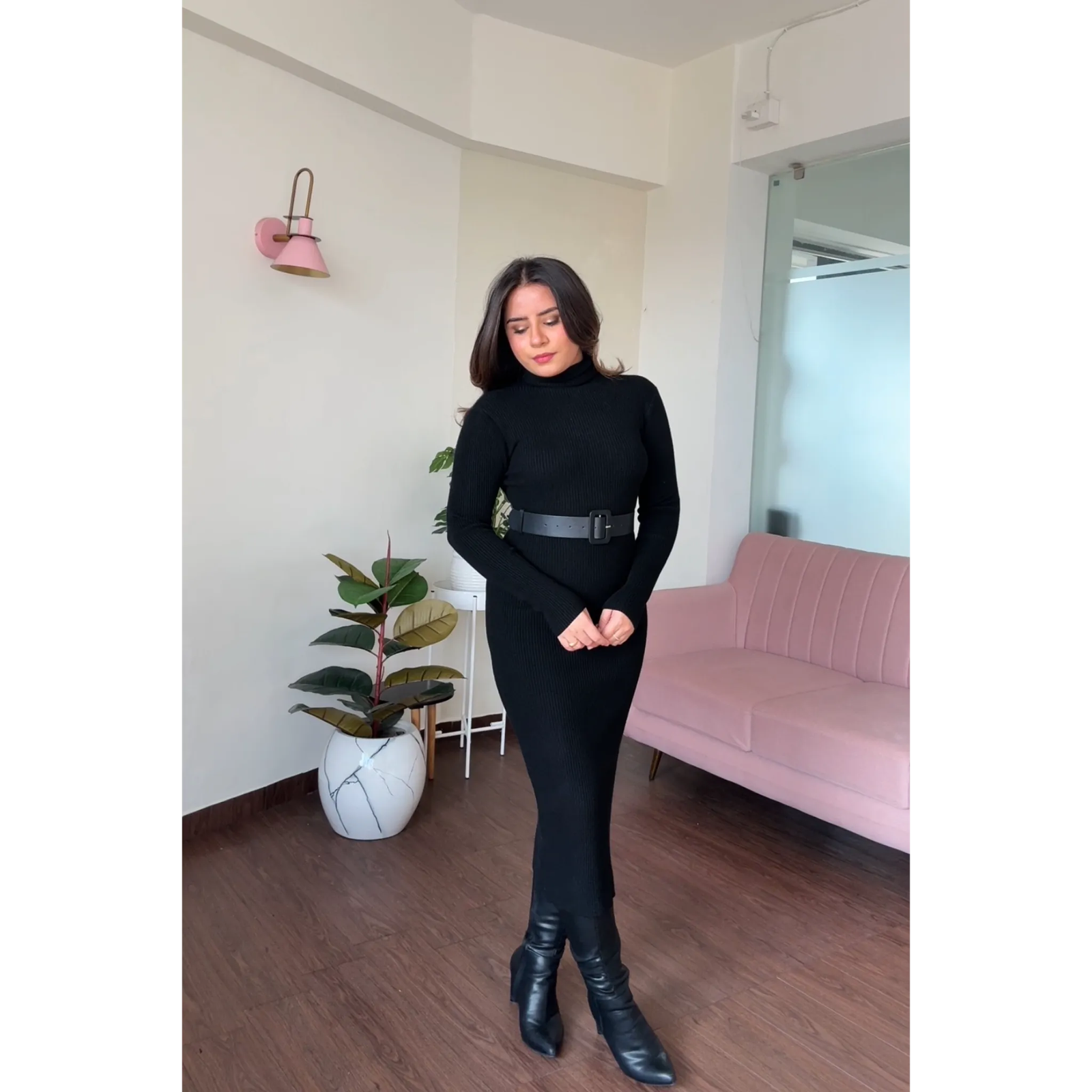 Turtleneck Ribbed Winter Maxi Dress With Belt