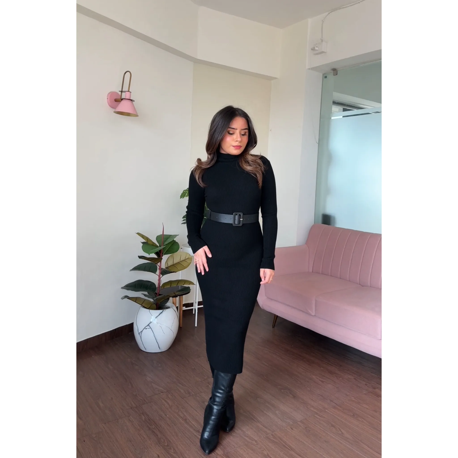 Turtleneck Ribbed Winter Maxi Dress With Belt