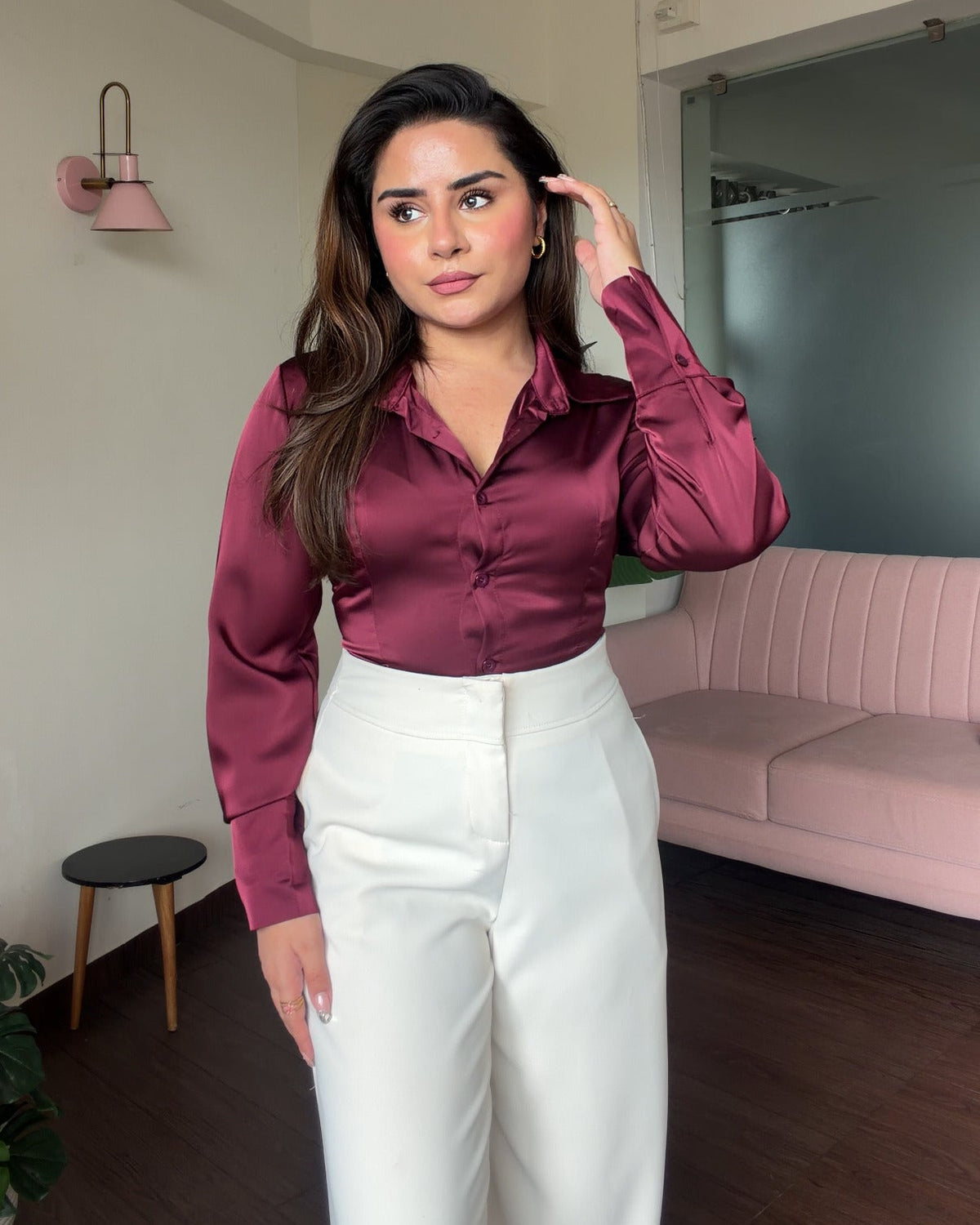 Basic Satin Back Tie Up Shirt