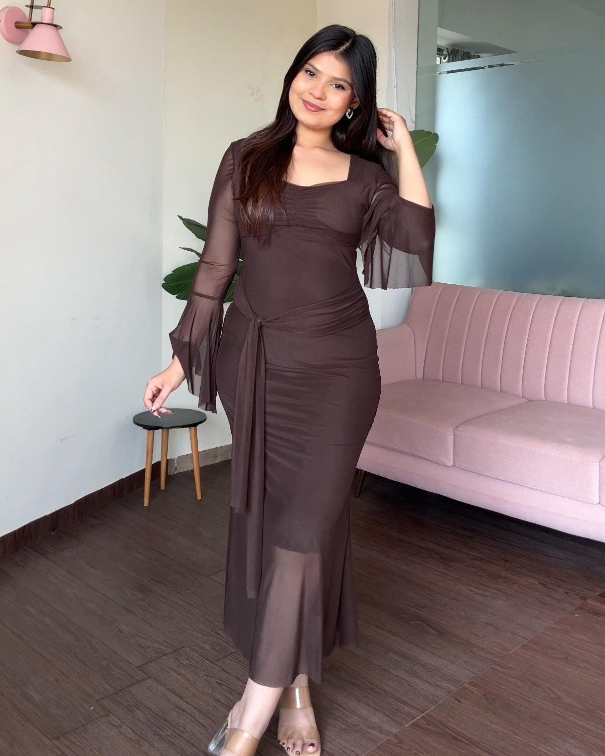 Bell Sleeve Detailing Sweetheart Neck Mesh Midi Dress