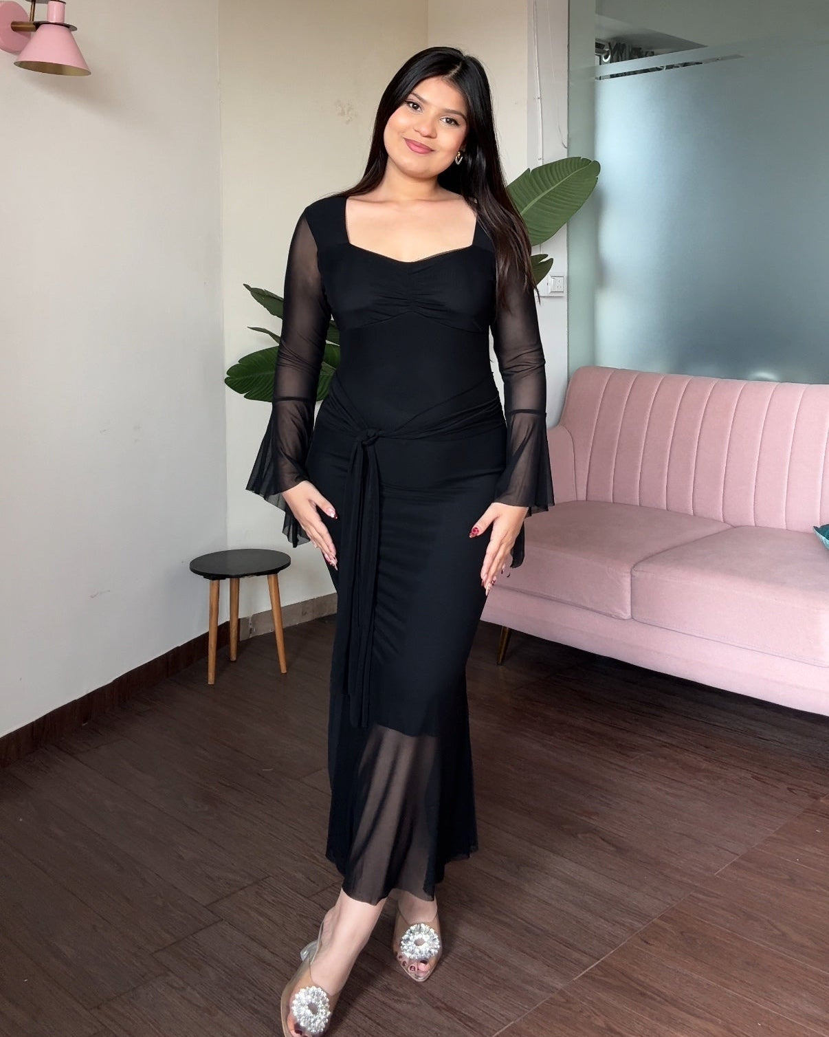 Bell Sleeve Detailing Sweetheart Neck Mesh Midi Dress