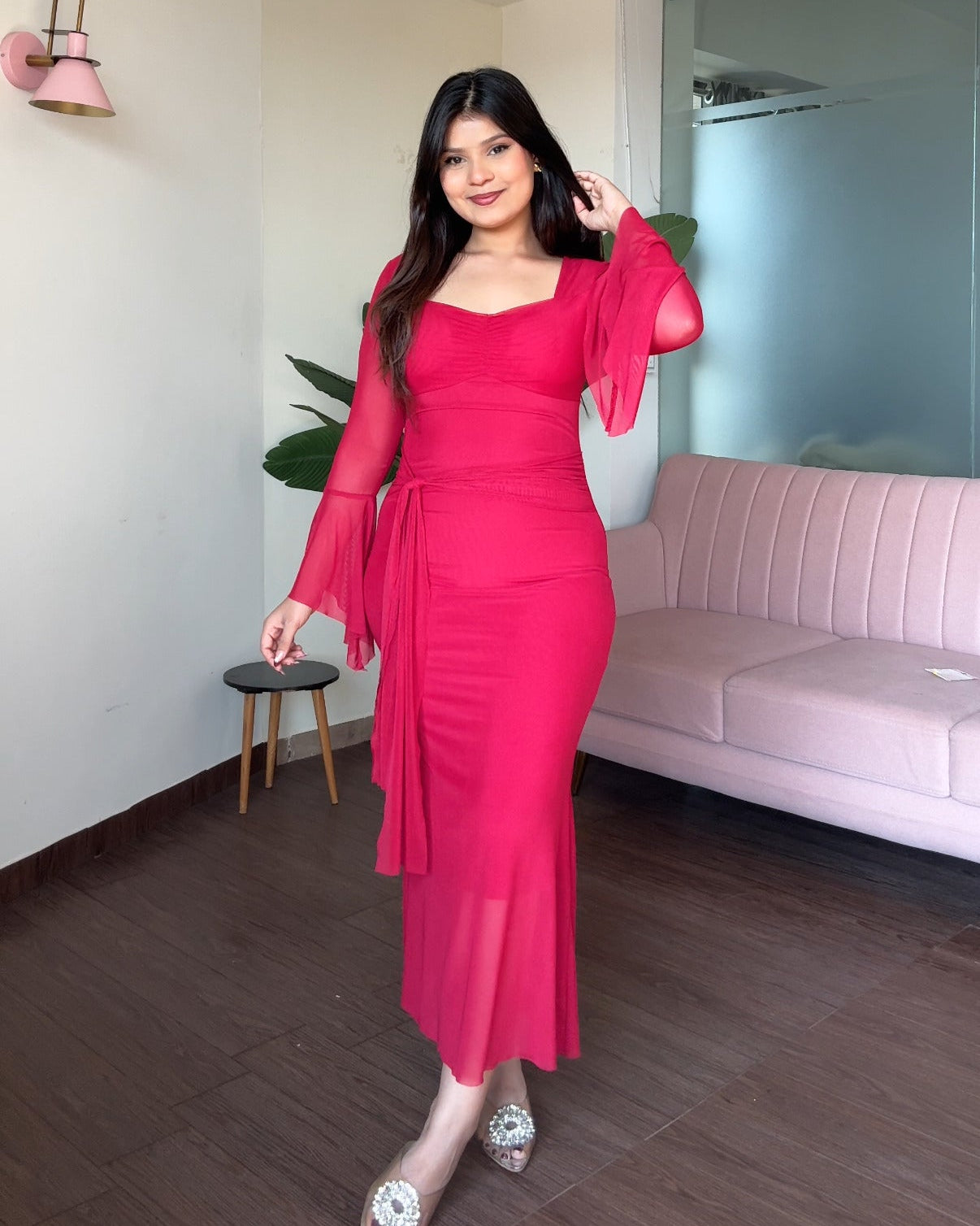 Bell Sleeve Detailing Sweetheart Neck Mesh Midi Dress