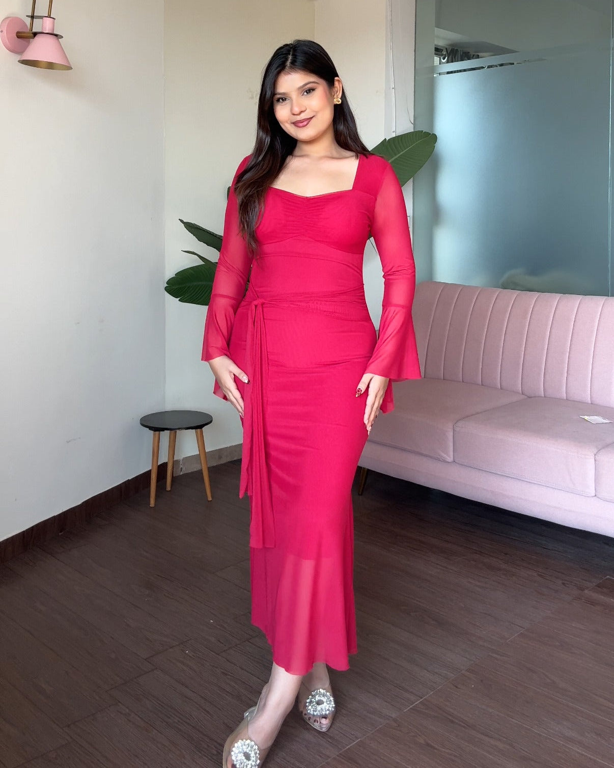 Bell Sleeve Detailing Sweetheart Neck Mesh Midi Dress