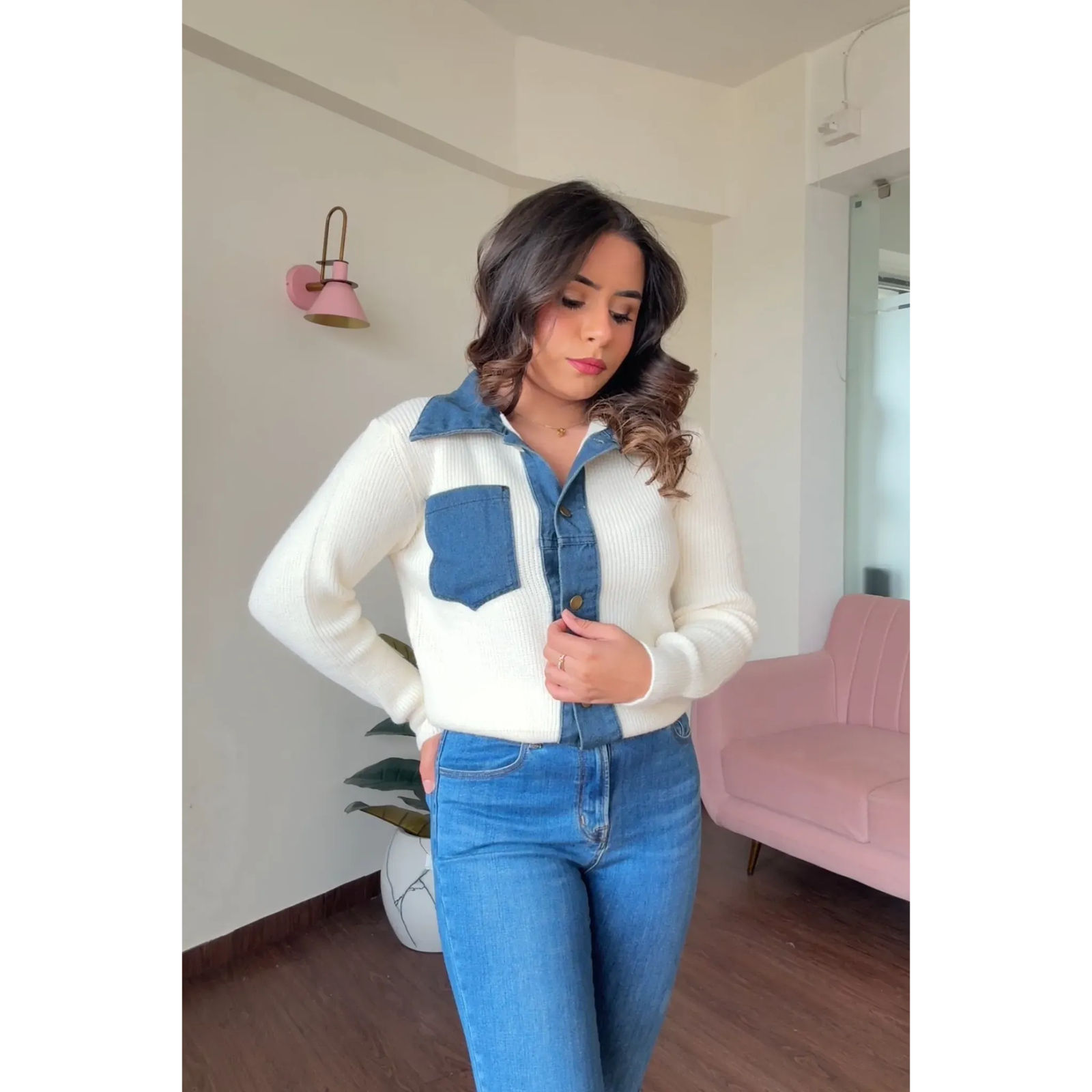 Collared Sweater With Denim Detailing