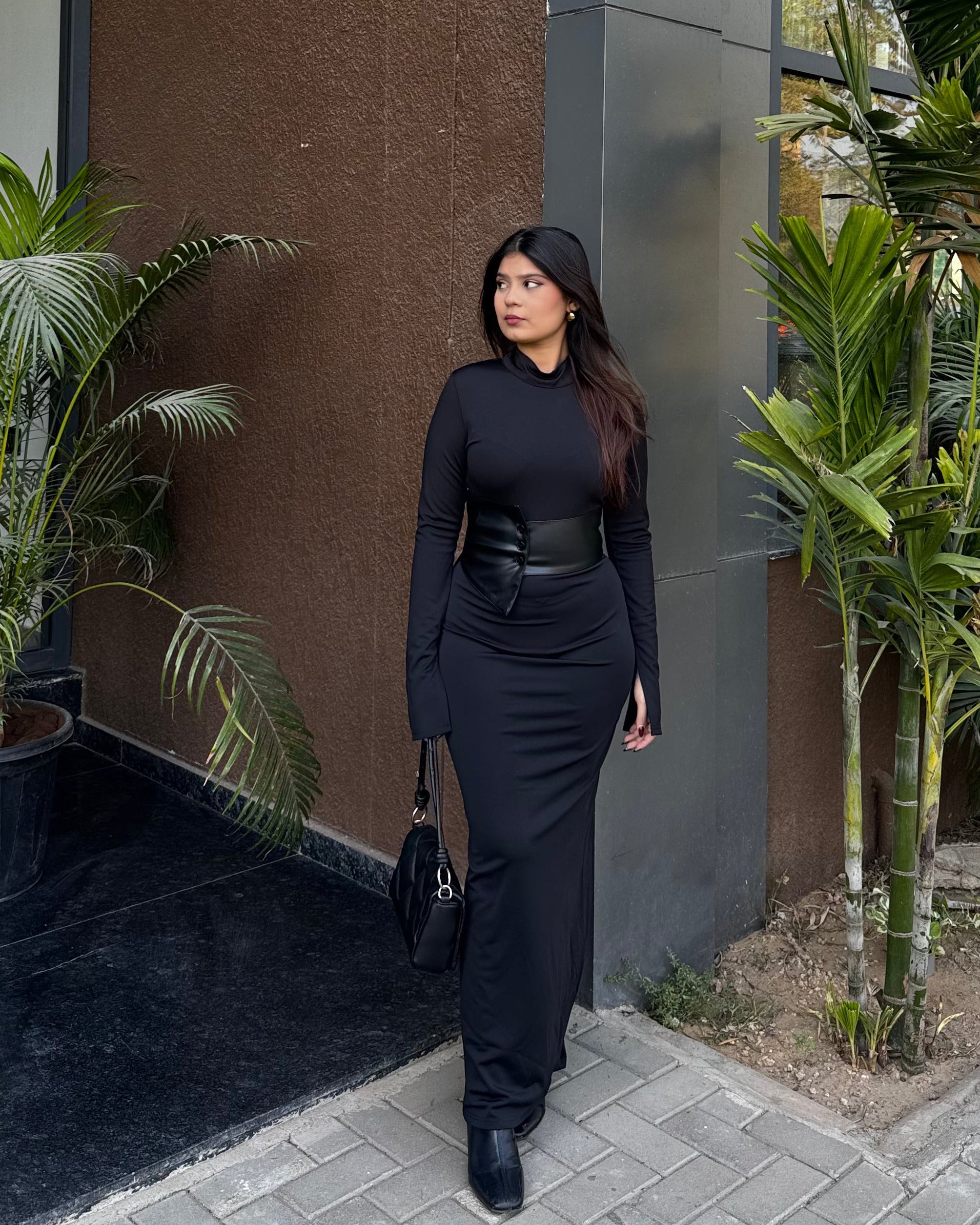 Leather Belted High Neck Fitted Midi Dress