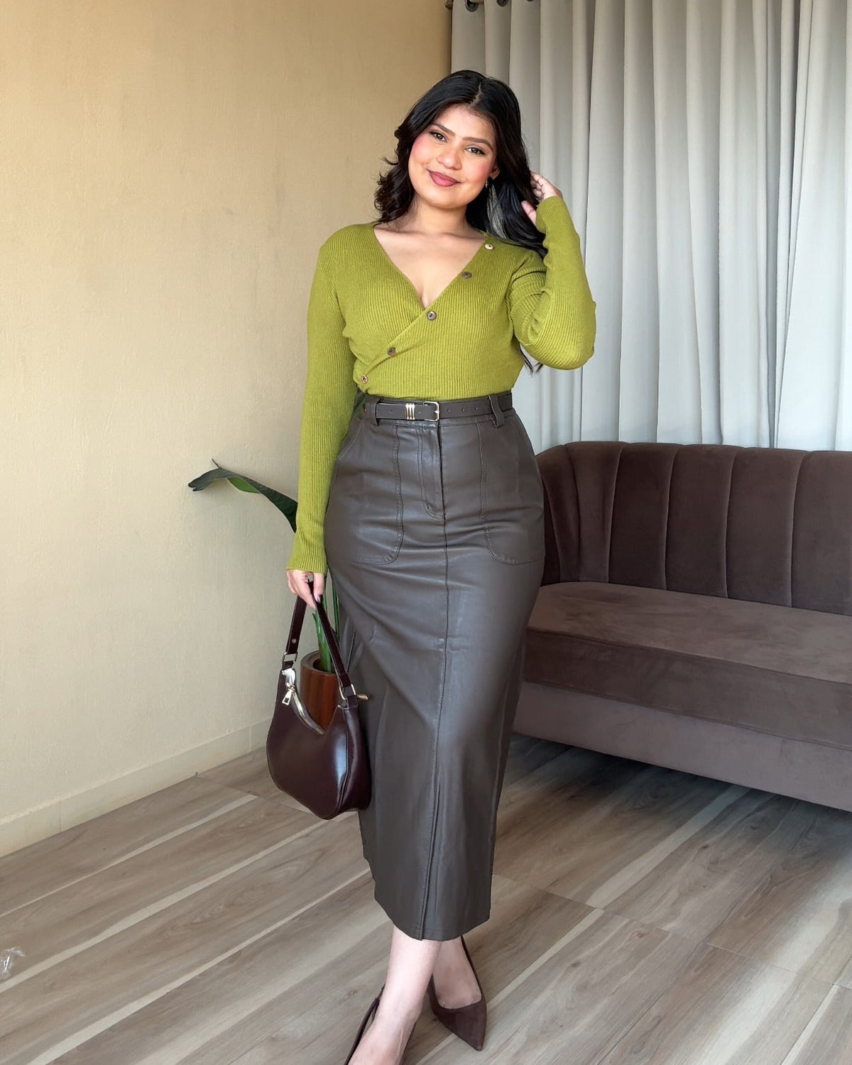 Basic Midi Leather Skirt With Belt