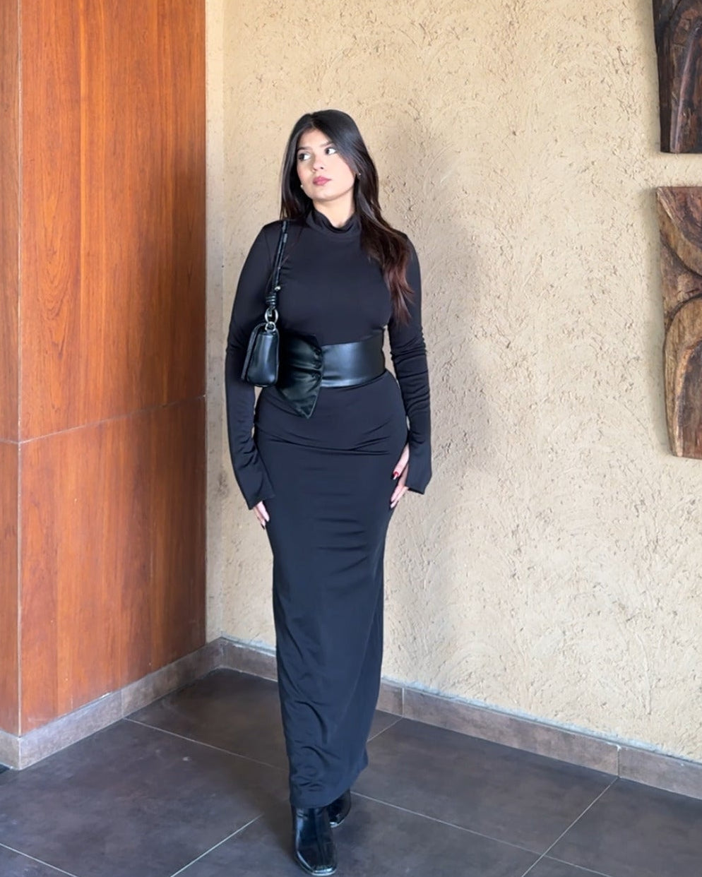 Leather Belted High Neck Fitted Midi Dress