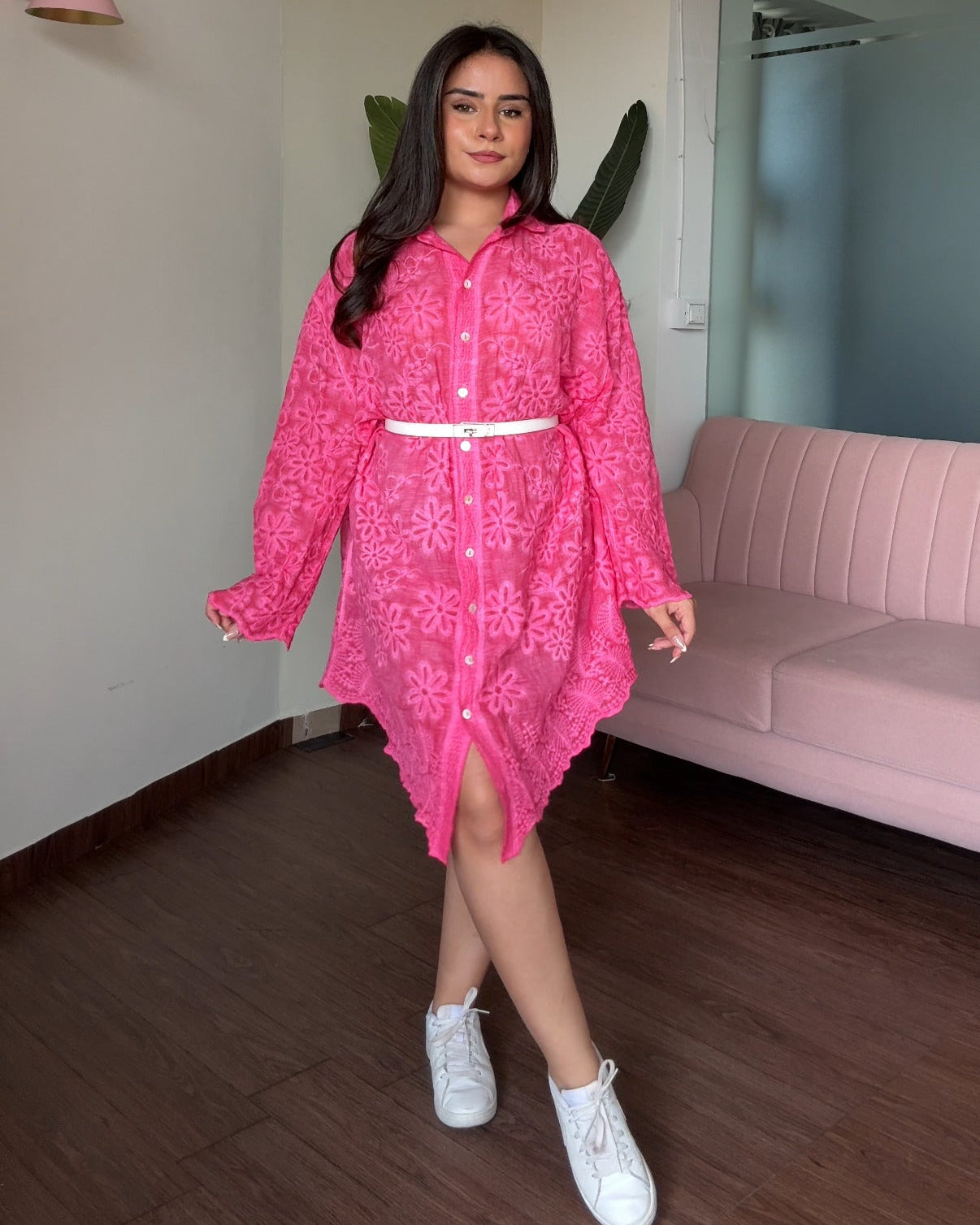 Monochrome Embroidery Shirt Dress